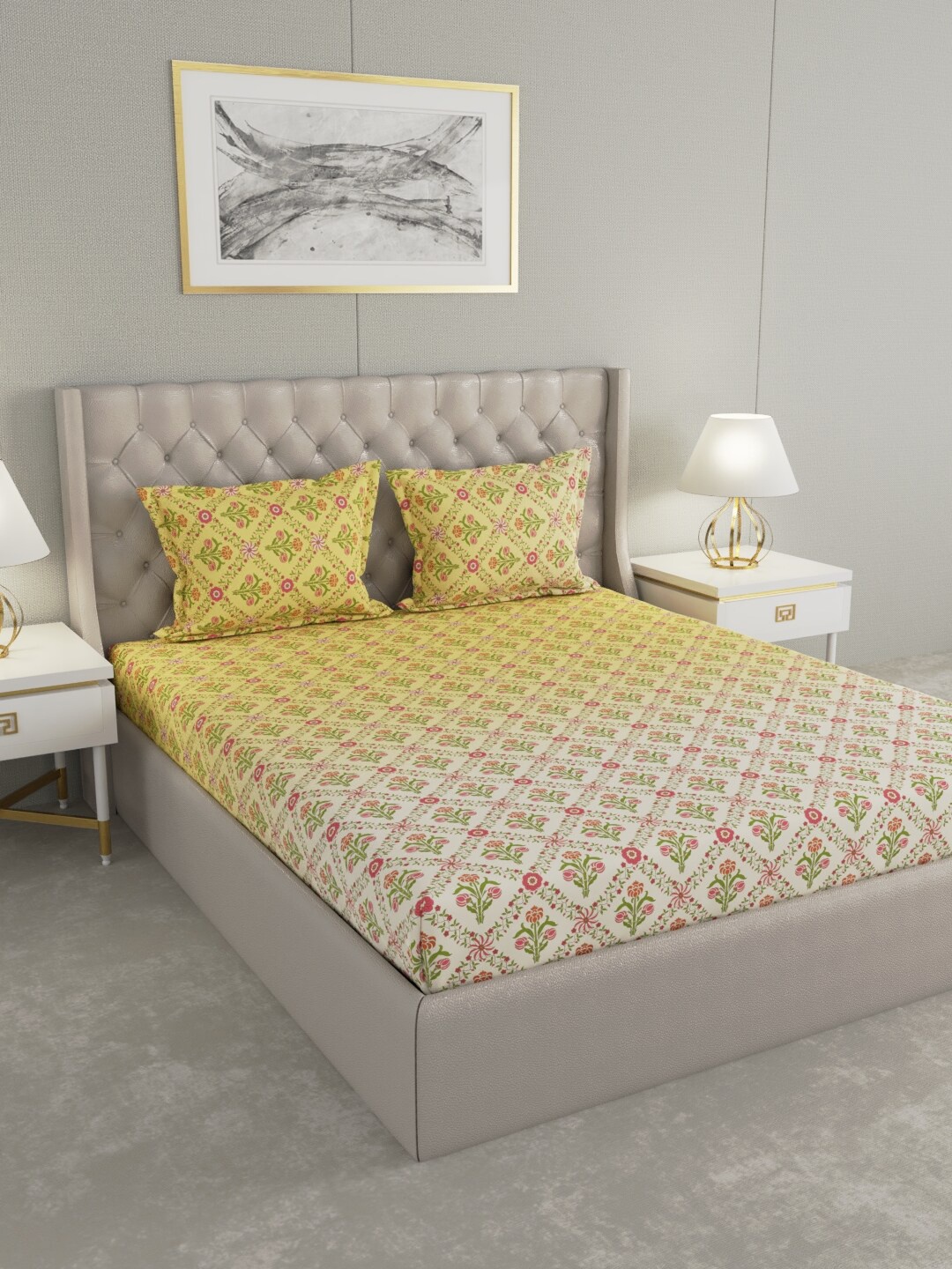 

Raymond Home Yellow & White Floral 140 TC King Bedsheet with 2 Pillow Covers