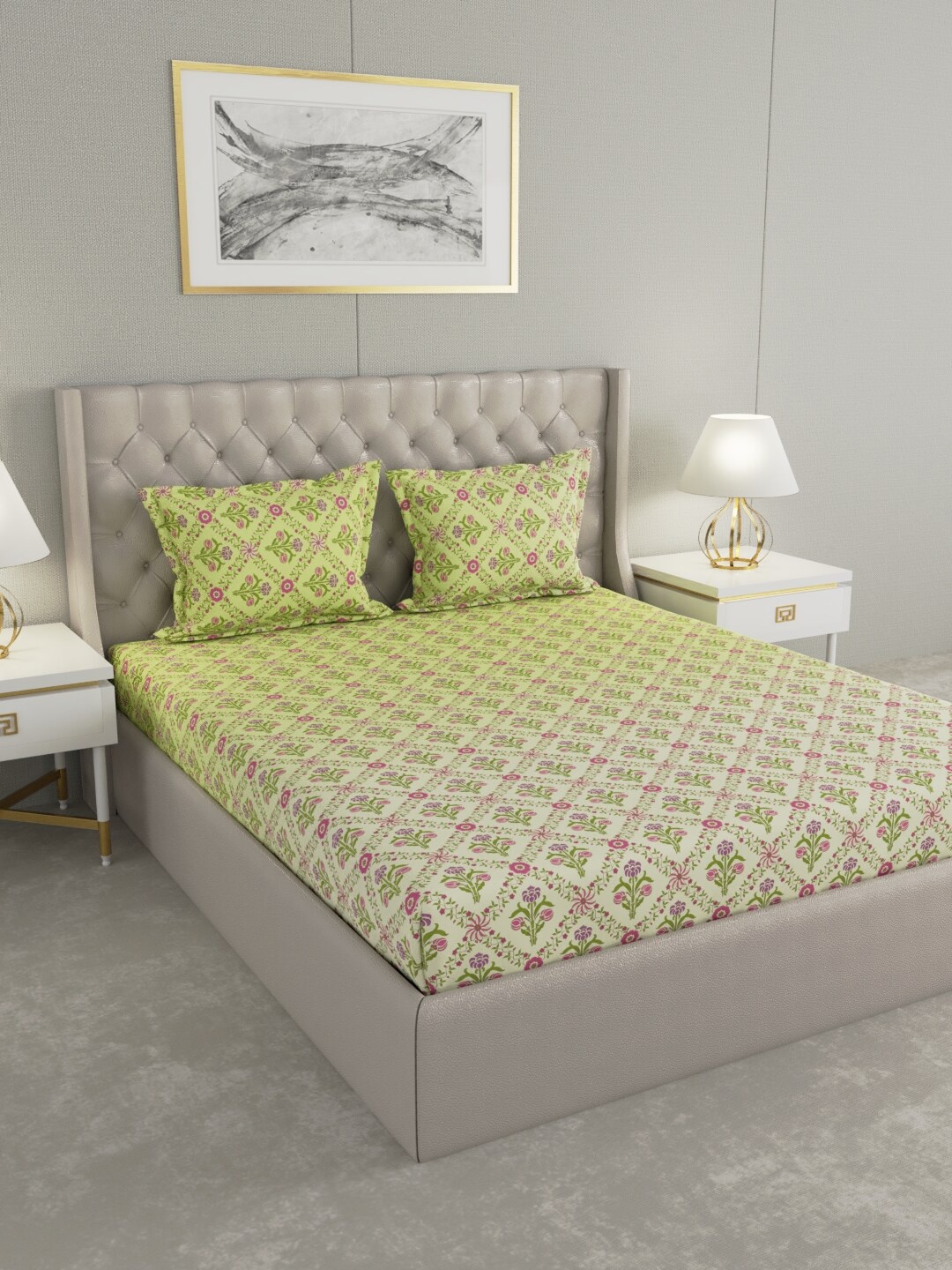 

Raymond Home Green & Magenta Floral 140 TC King Bedsheet with 2 Pillow Covers
