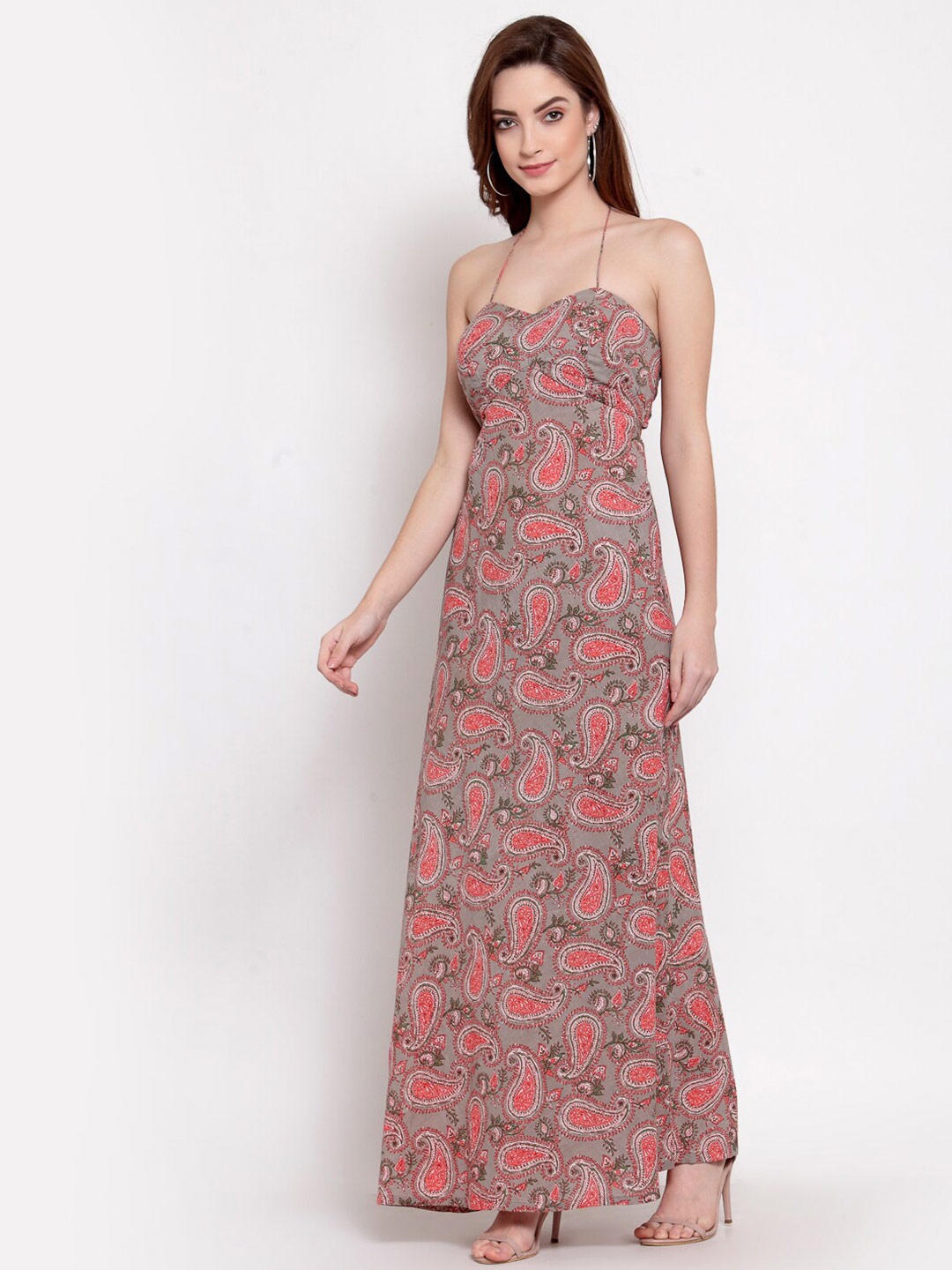 

Desi Weavess Grey & Pink Ethnic Motifs Pure Cotton Maxi Dress