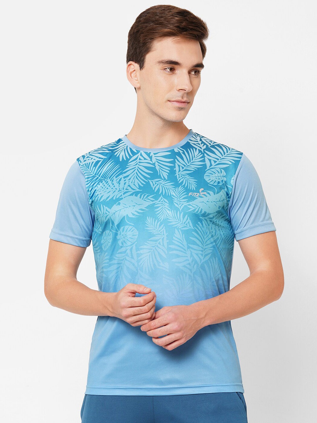 

FiTZ Men Blue Floral Printed Dri-FIT Round Neck T-shirt