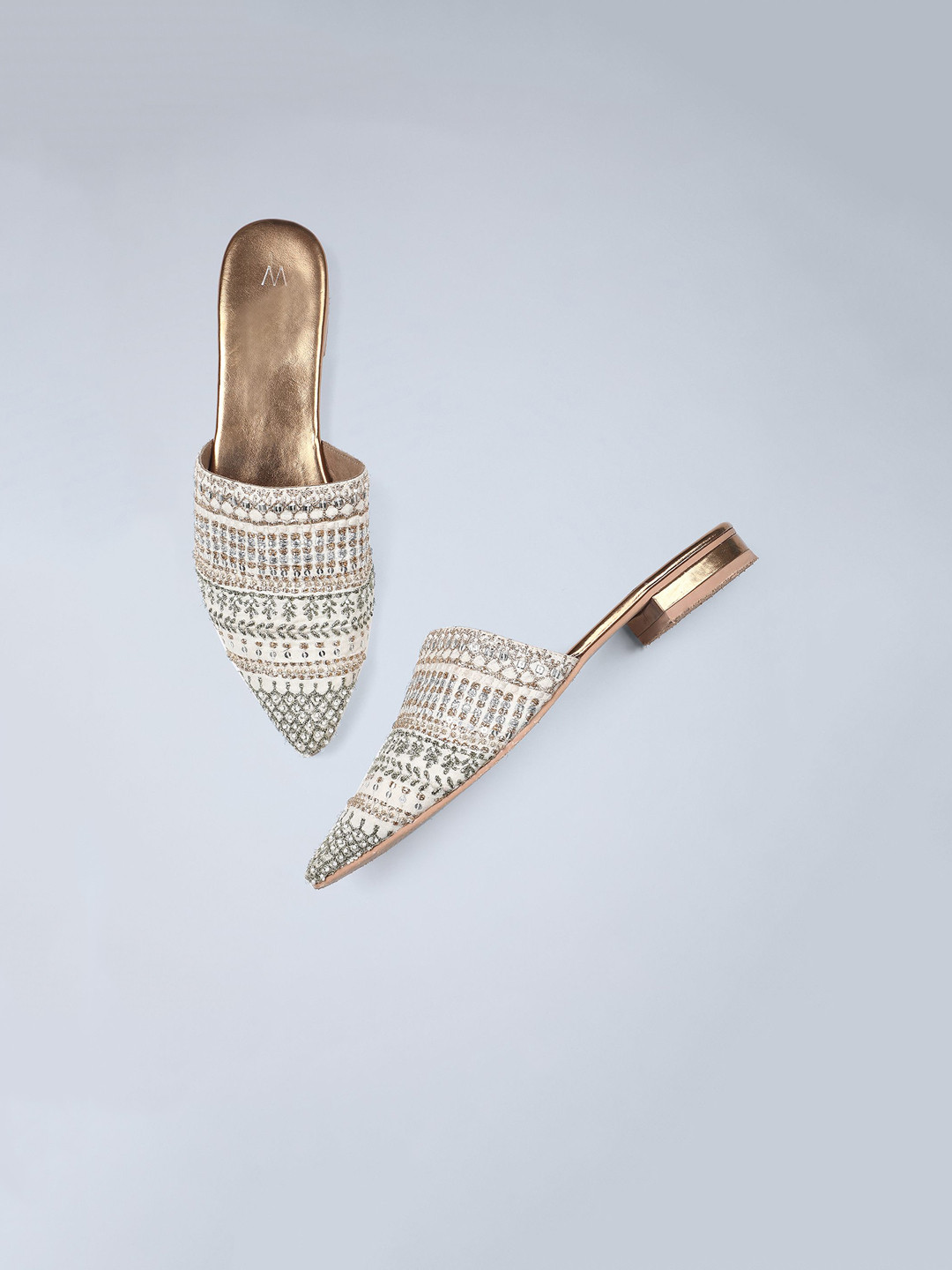 

W Women Off White Embellished Leather Party Mules Flats