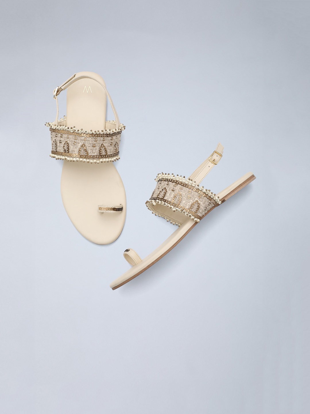 

W Women Gold-Toned Embellished Leather Ethnic One Toe Flats