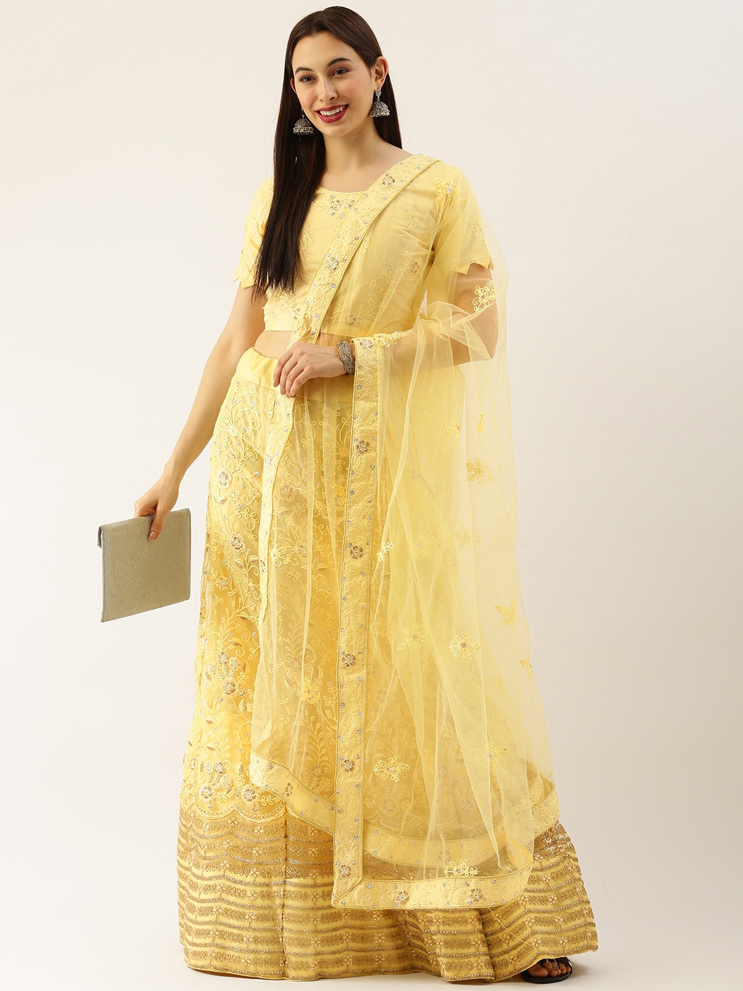 

LADUSAA Yellow Embroidered Semi-Stitched Lehenga & Unstitched Blouse With Dupatta