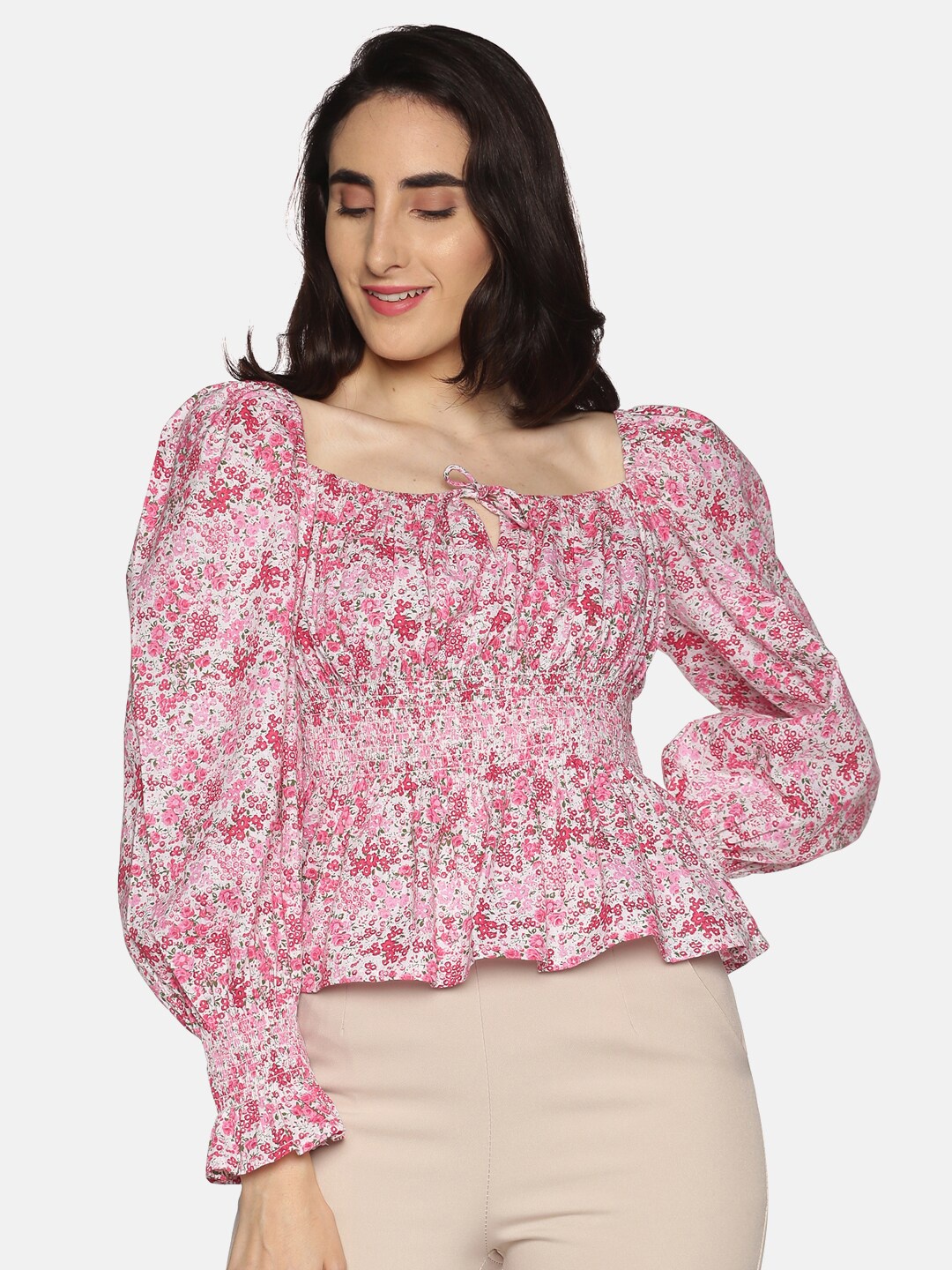 

ISU Pink Pure Cotton Floral Smocked Balloon Sleeve Top