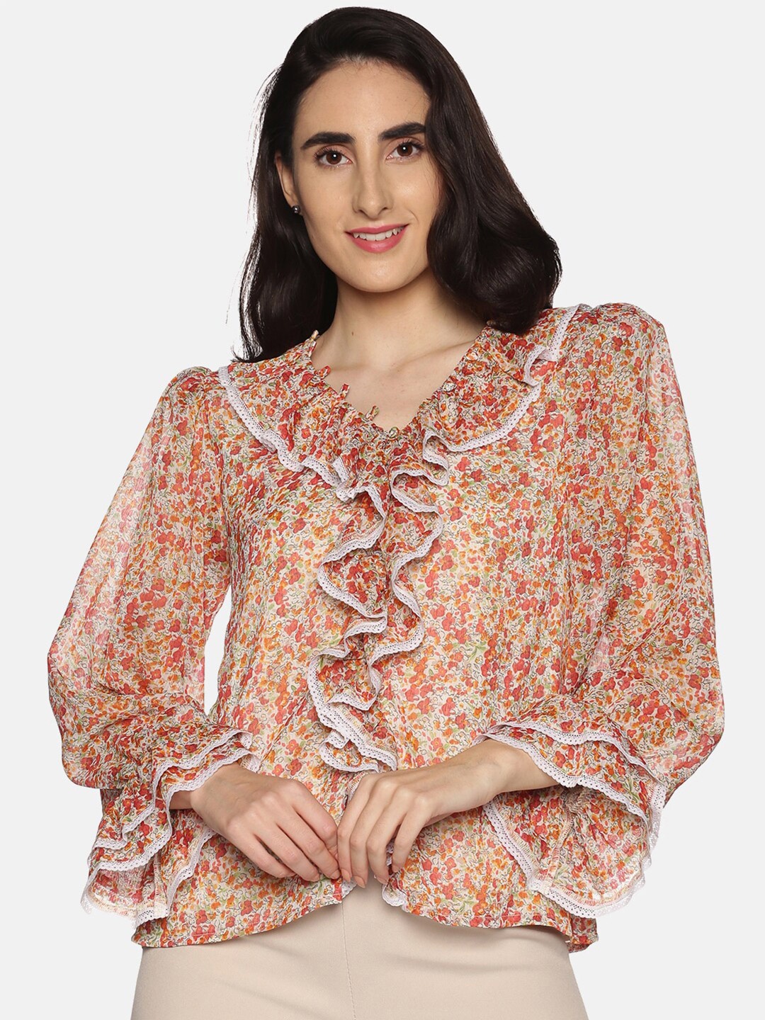 

ISU Women Red & White Floral Print Ruffles V-neck Top