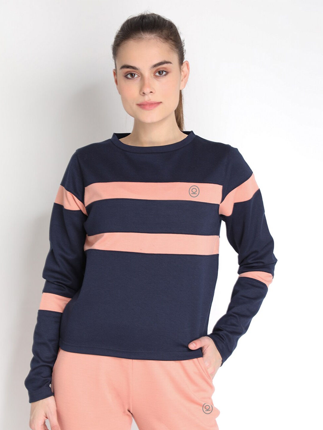 

CHKOKKO Women Navy Blue & Pink Striped Sweatshirt