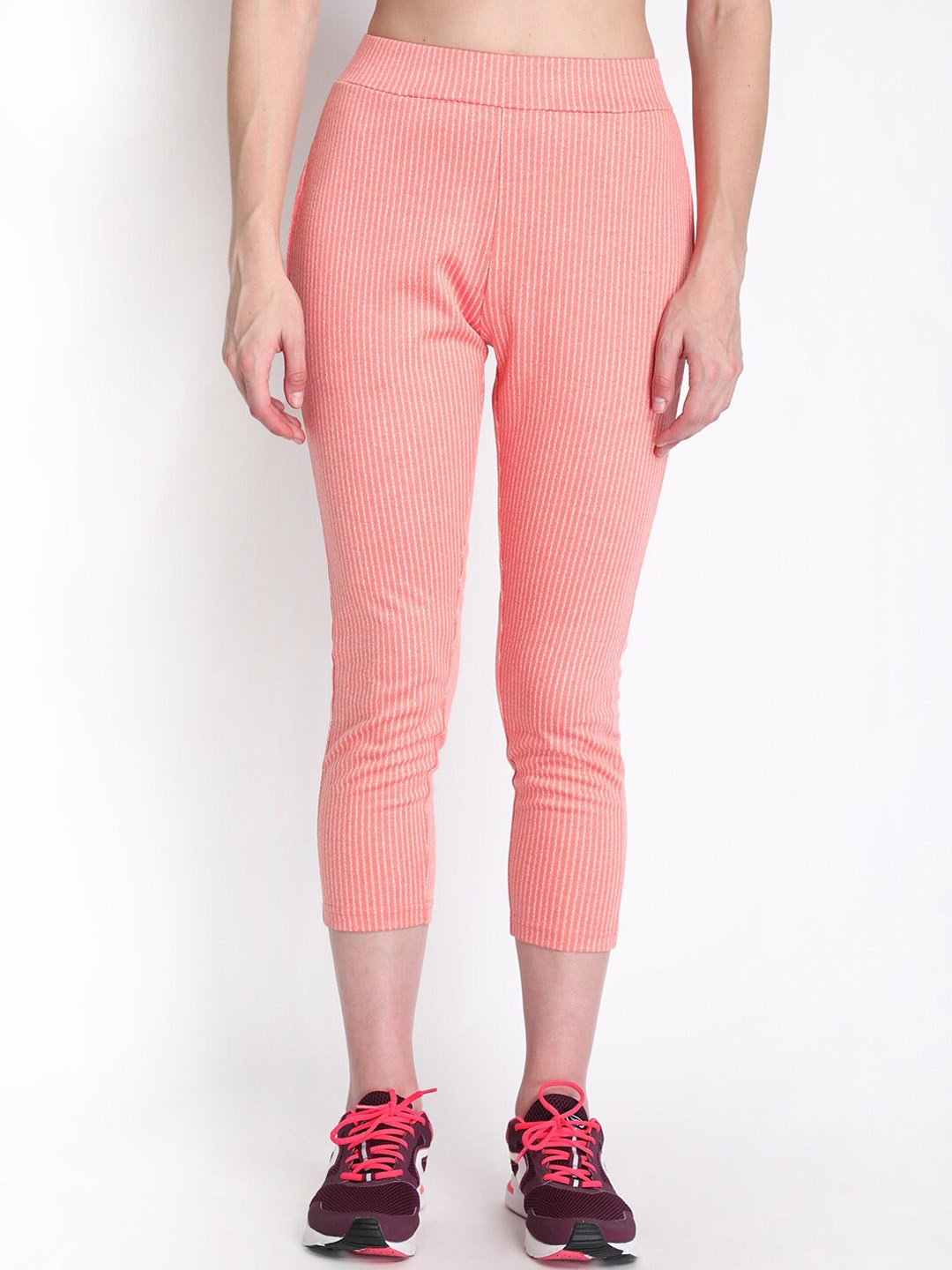 

CHKOKKO Women Peach-Coloured & White Striped Track Pants