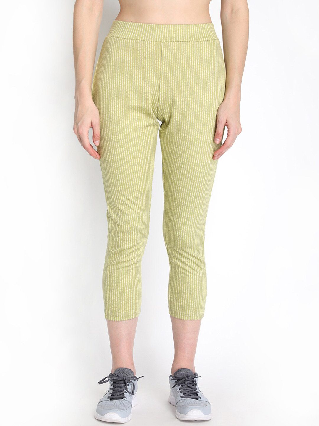 

CHKOKKO Women Green & White Striped Track Pants