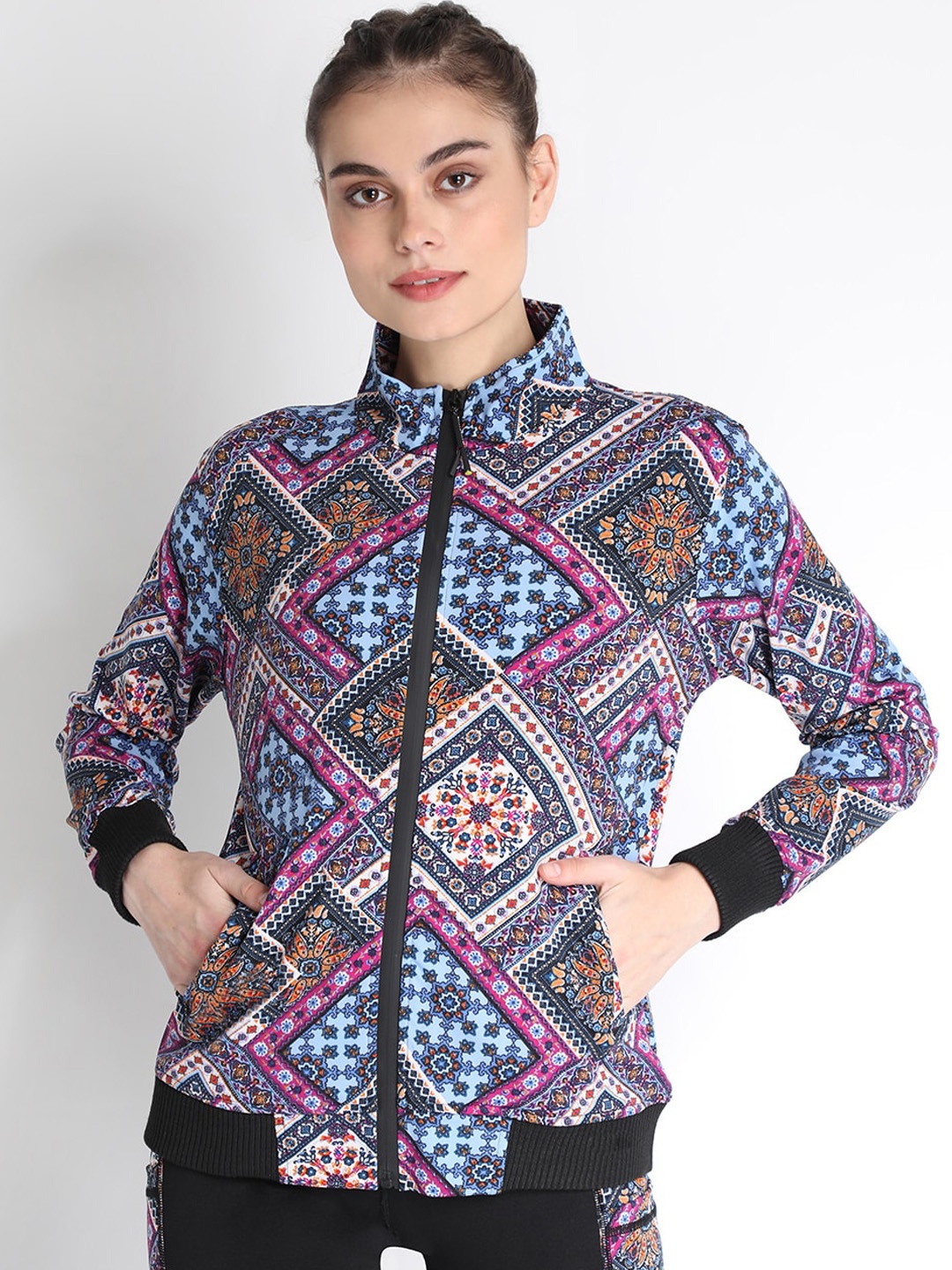 

CHKOKKO Women Pink & Blue Printed Bomber Jacket