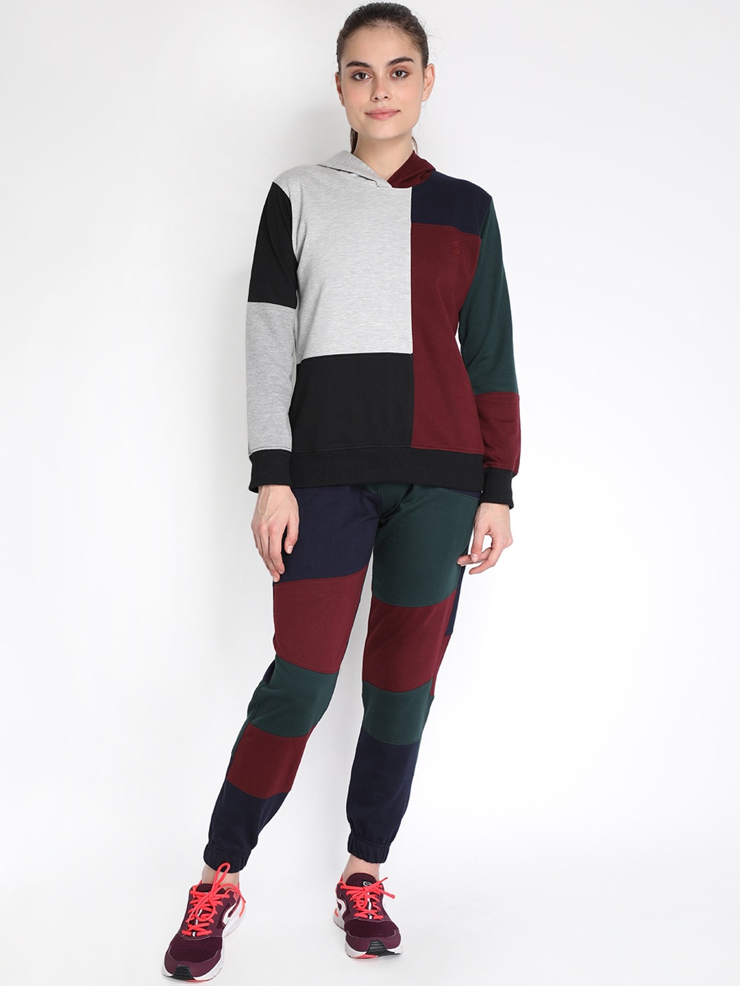 

Chkokko Women Maroon & Grey Colourblocked Sports Track Suit