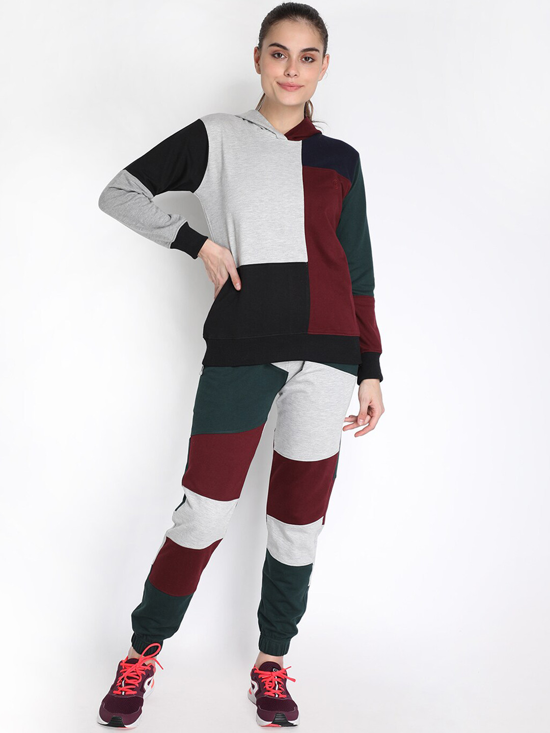 

Chkokko Women Grey & Maroon Colourblocked Sports Track Suit