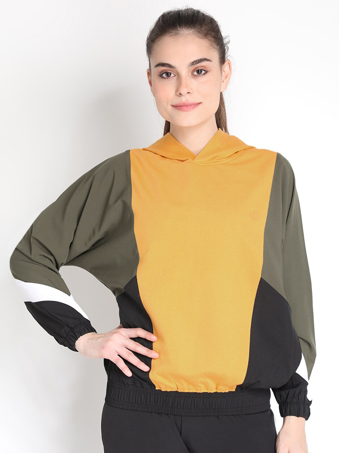 

CHKOKKO Women Mustard Yellow Colourblocked Hooded Sweatshirt