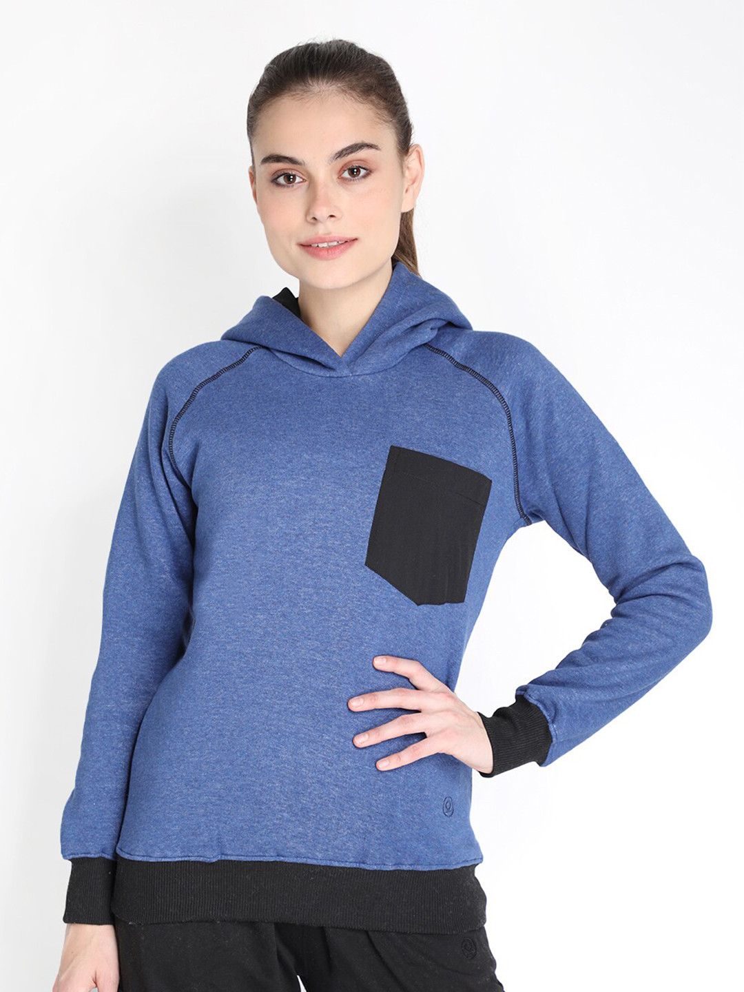 

CHKOKKO Women Blue Hooded Sweatshirt