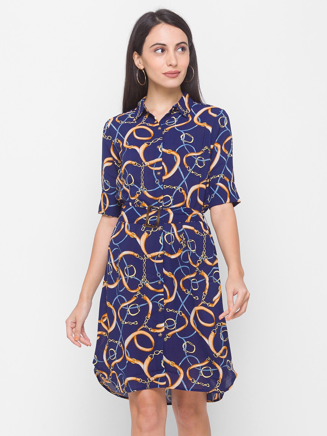 

Globus Navy Blue Floral Crepe Shirt Dress