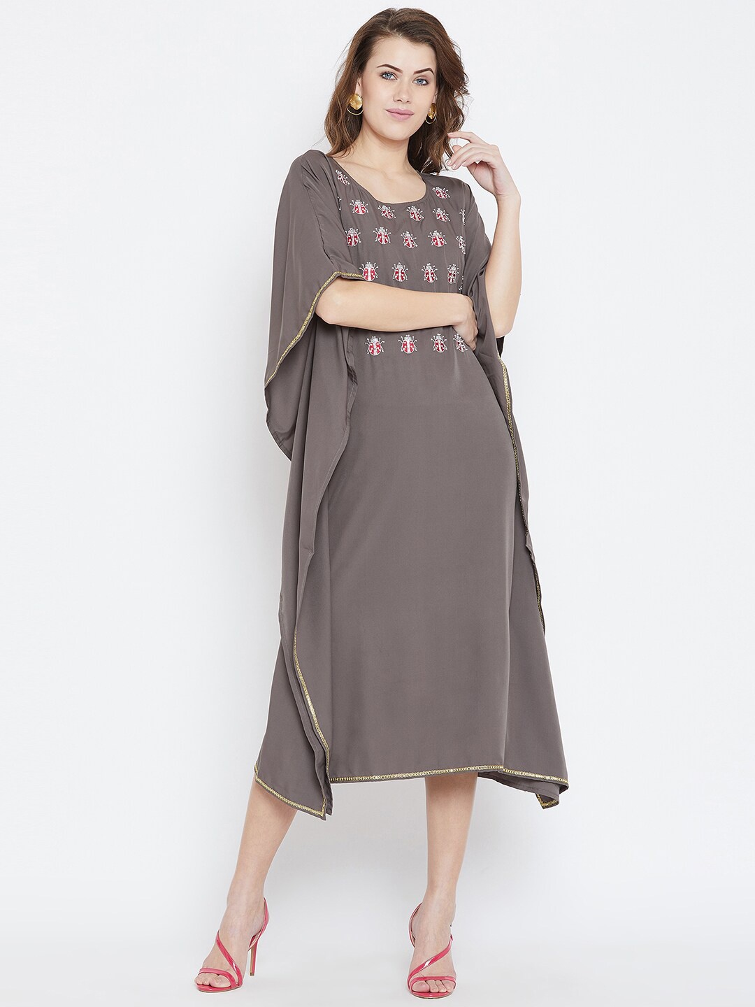 

Bitterlime Grey Embroidered Crepe Kaftan Midi Dress
