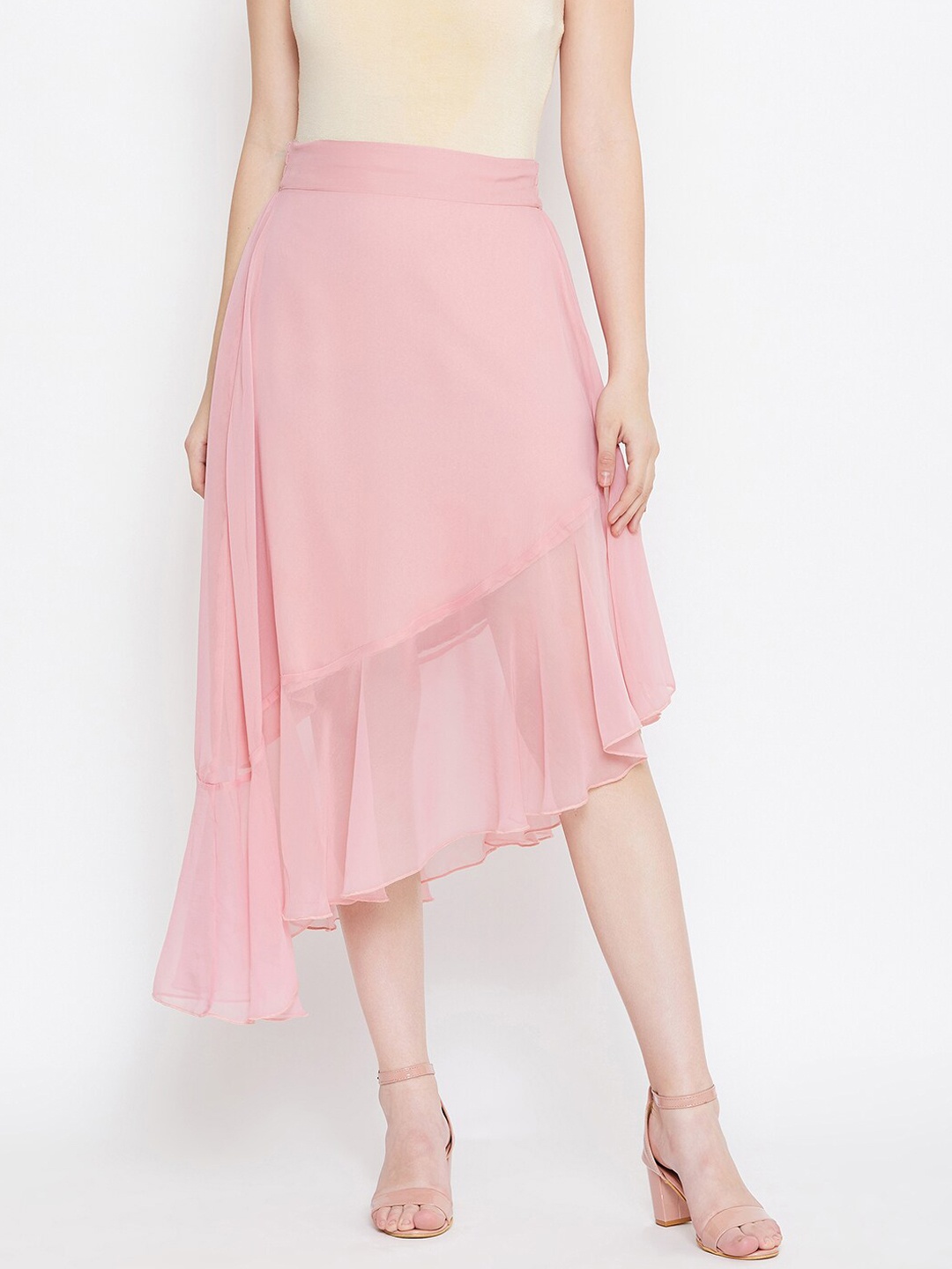 

Bitterlime Women Peach Solid Knee-Length Ruffled A-line Skirt