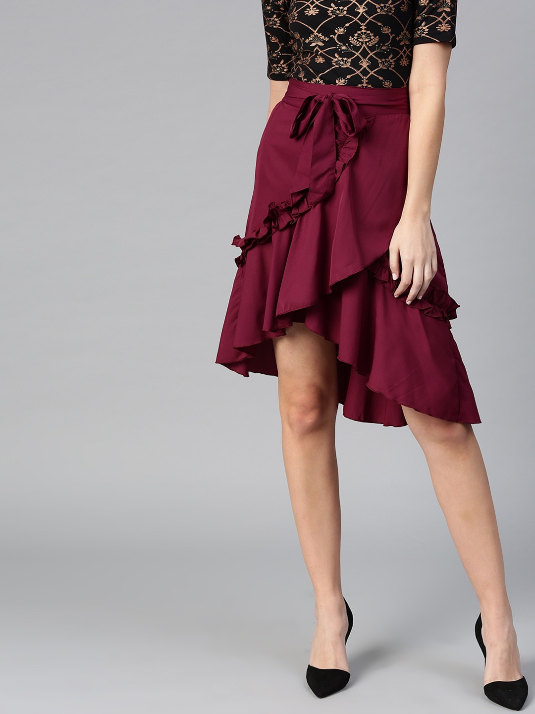 

Bitterlime Women Burgundy Solid Overlap Ruffle Skirt