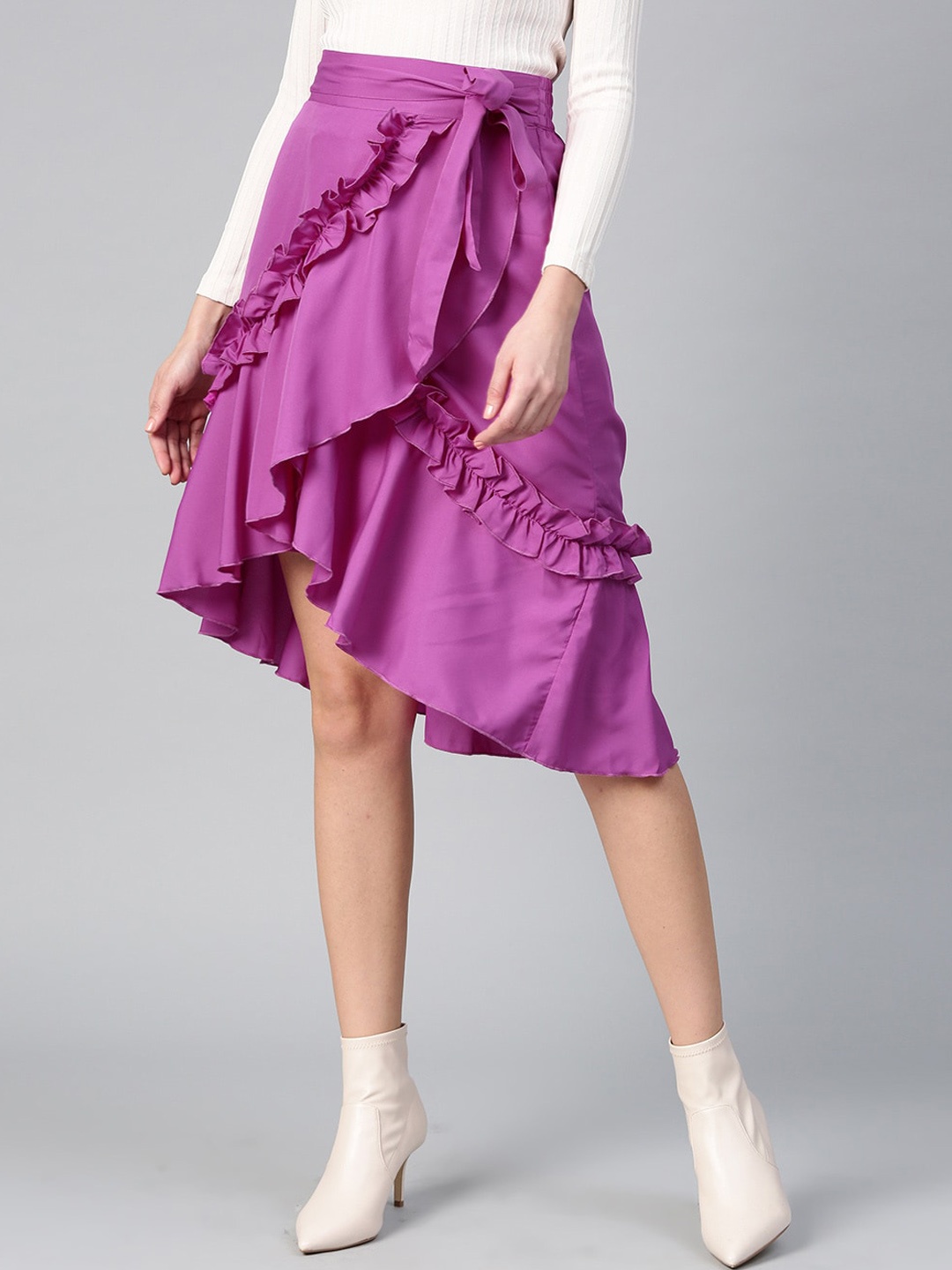 

Bitterlime Women Purple Solid Knee-Length Overlap Ruffle Skirt
