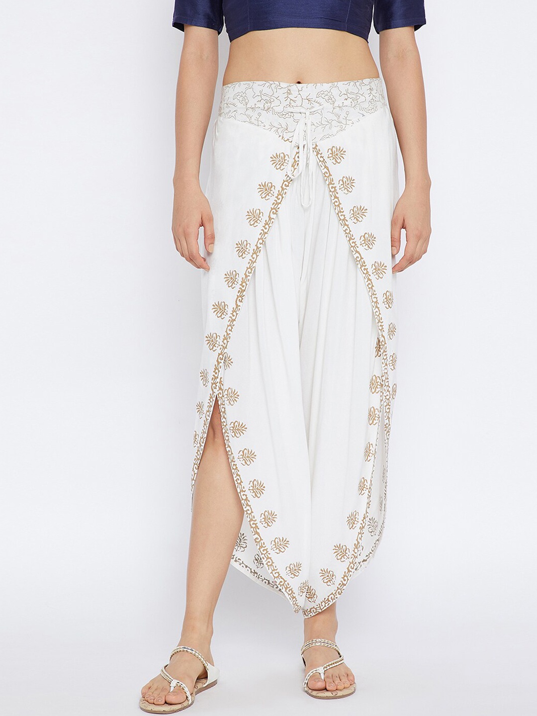 

Bitterlime Women White & Gold-Coloured Block Printed Dhoti Pants