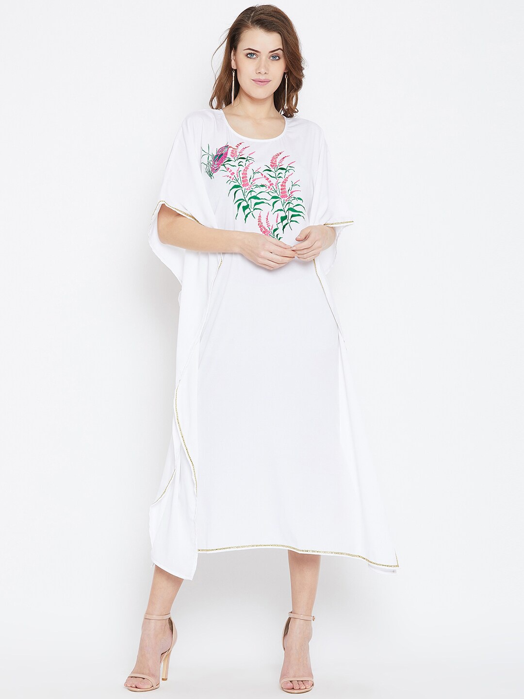 

Bitterlime White Floral Embroidered Crepe Kaftan Midi Dress