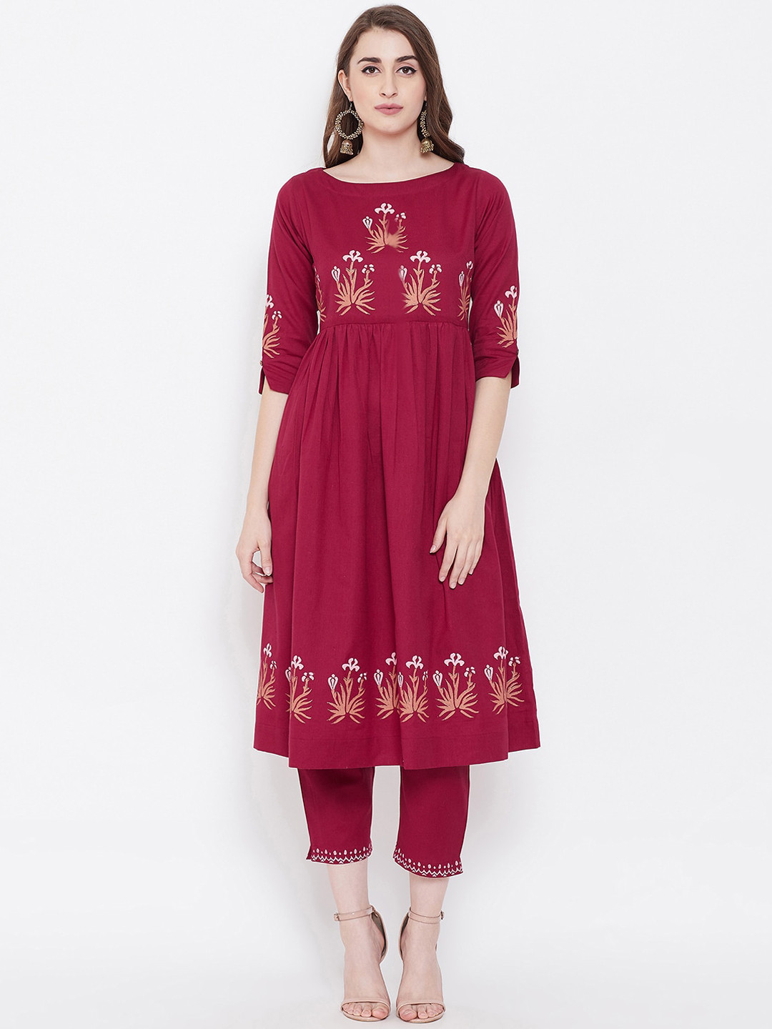 

Bitterlime Women Burgundy Floral Embroidered Empire Pure Cotton Kurta with Trousers
