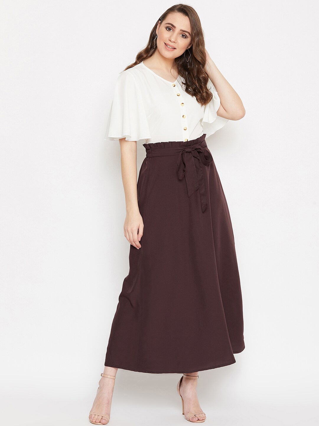 

Bitterlime Women Off White & Brown Top with Skirt