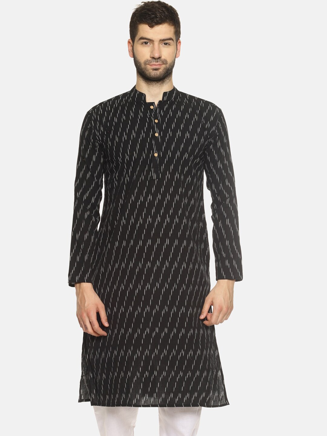 

PAROKSH Men Black & White Ikat Printed Straight Cotton Kurta