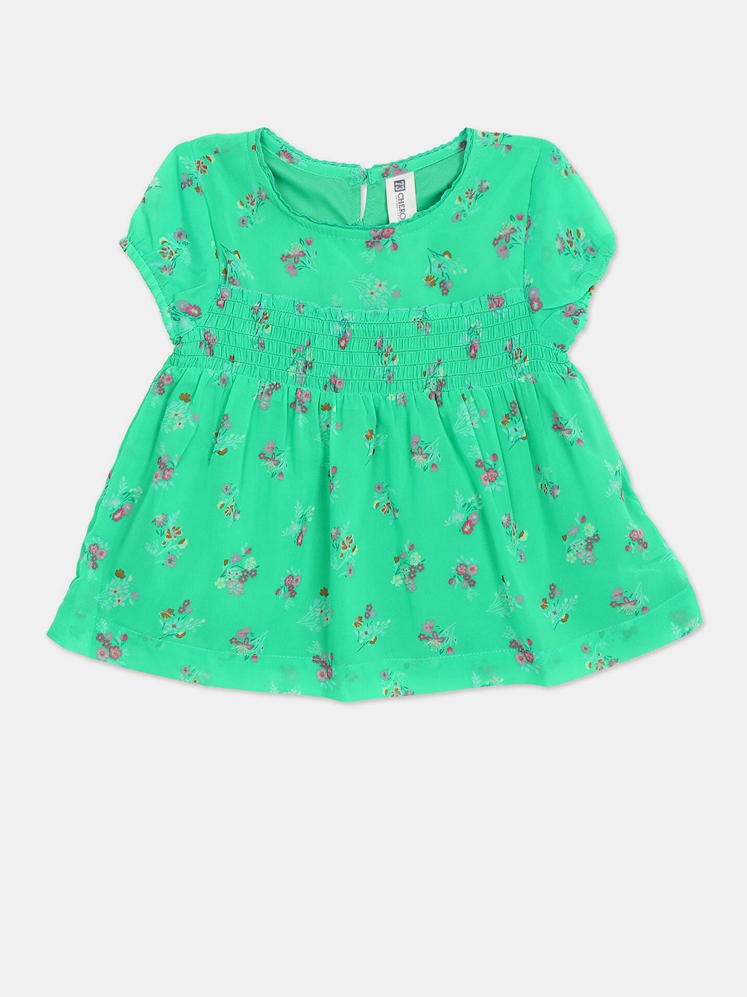 

Cherokee Girls Green & Pink Floral Print Round Neck Empire Top
