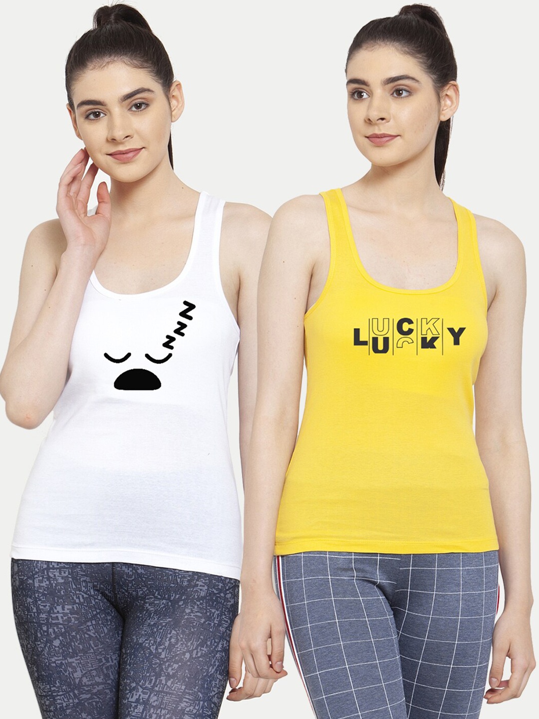 

Friskers Pack Of 2 White & Yellow Print Tank Top