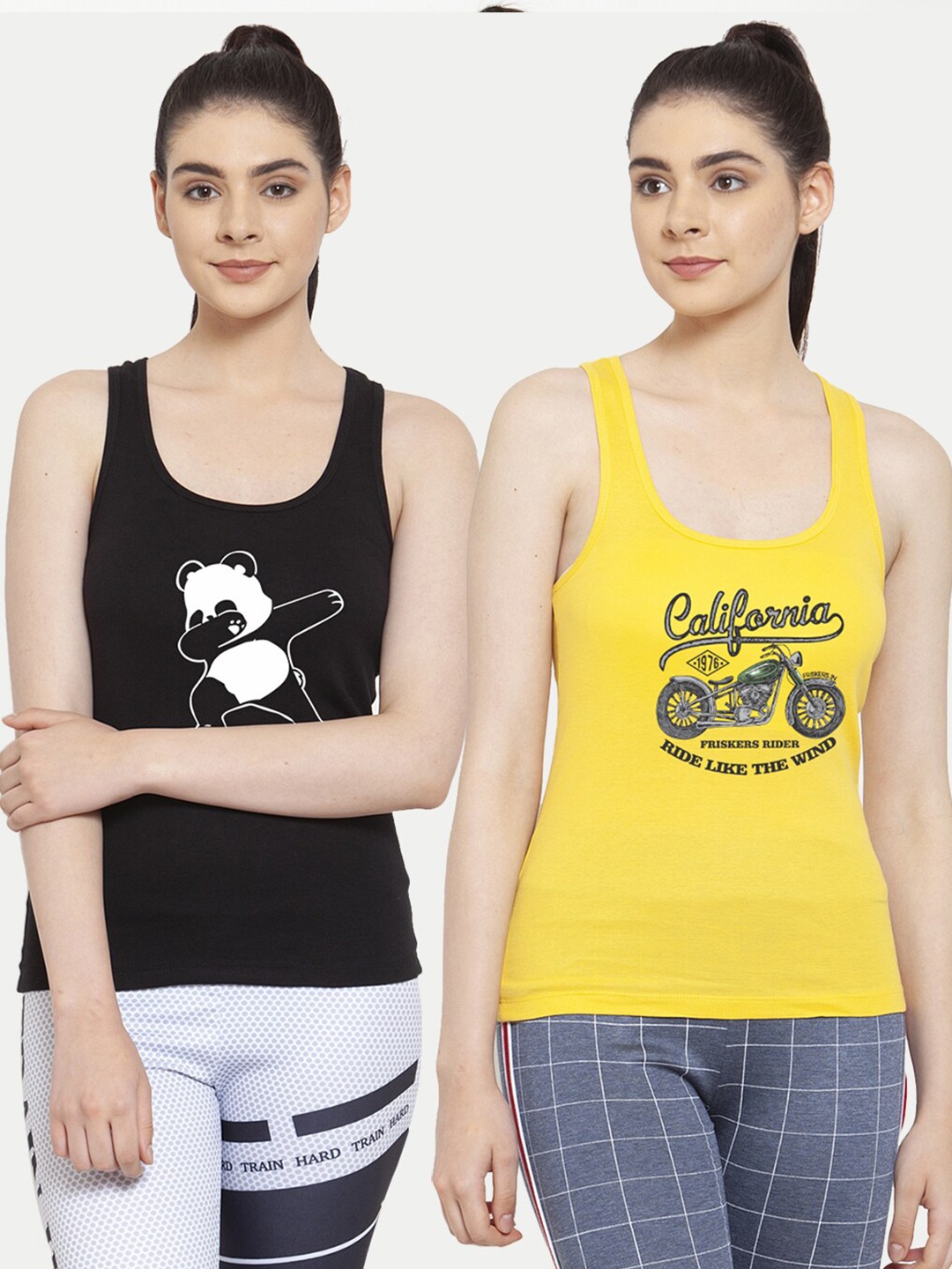 

Friskers Women Pack Of 2 Black & Yellow Print Cotton Tank Tops