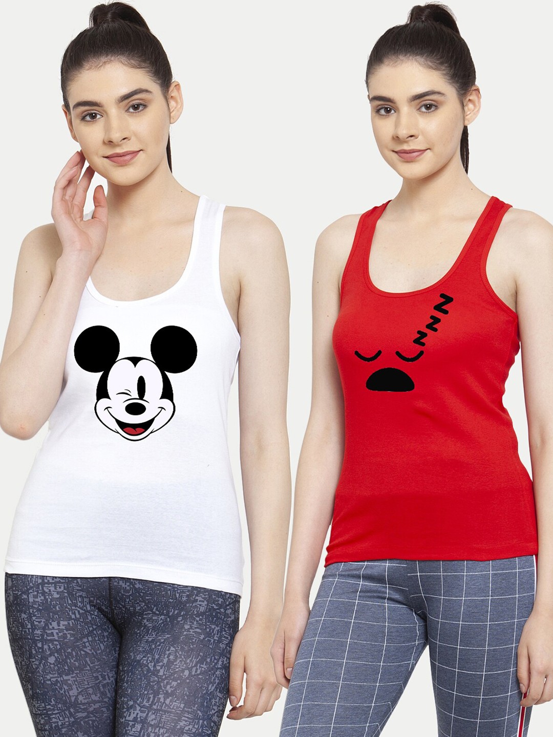 

Friskers Women Pack Of 2 White & Red Print Cotton Tank Tops