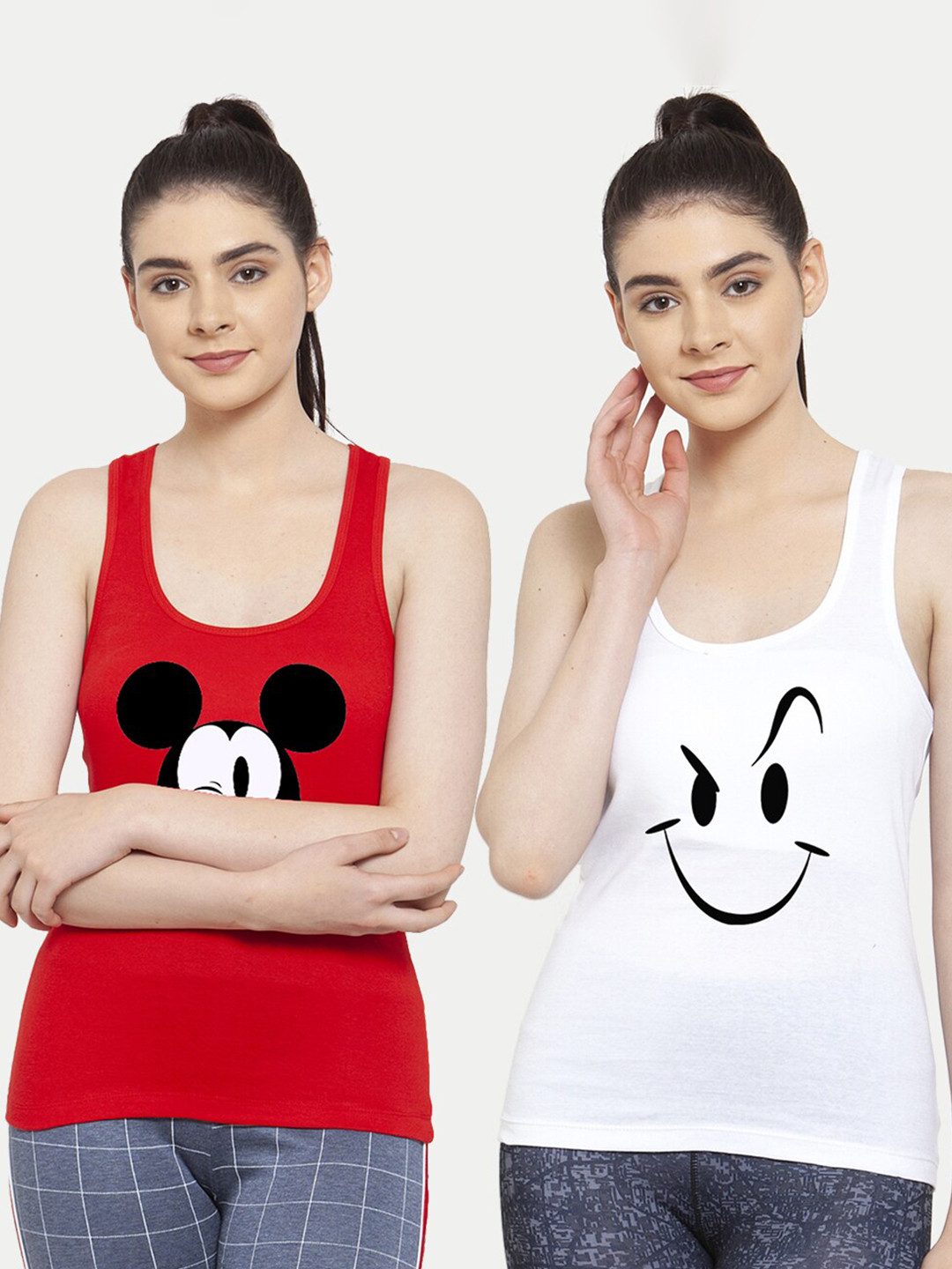 

Friskers Women Pack Of 2 Red & White Mickey mouse Smily Tank top