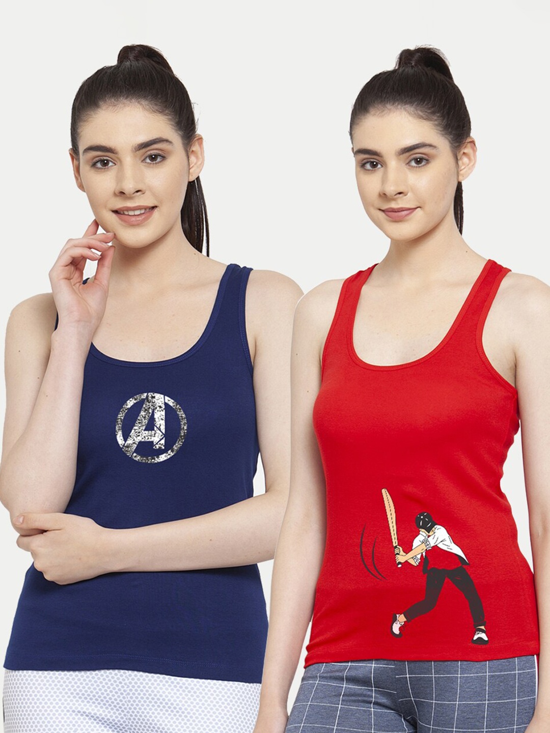

Friskers Woman Pack of 2 Blue & Red Avenger & Cricket Printed Tank Top