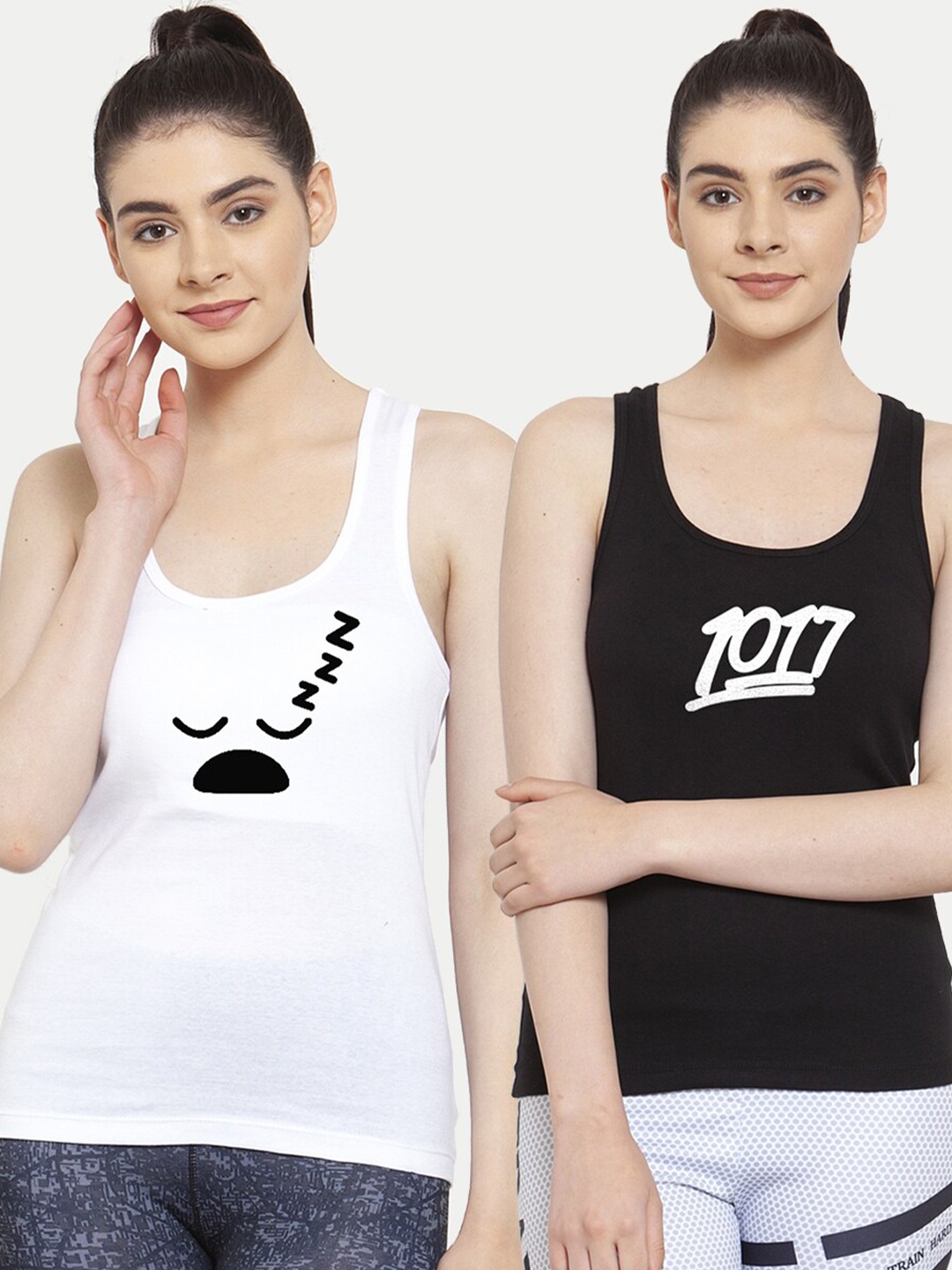 

Friskers Pack Of 2 White & Black Print Tank Top