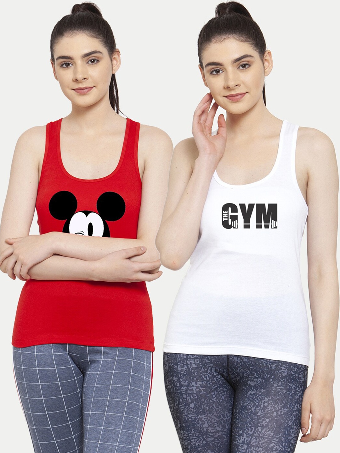 

Friskers Women Pack Of 2 Red & White Mickey mouse Gym Printed Tank Tops