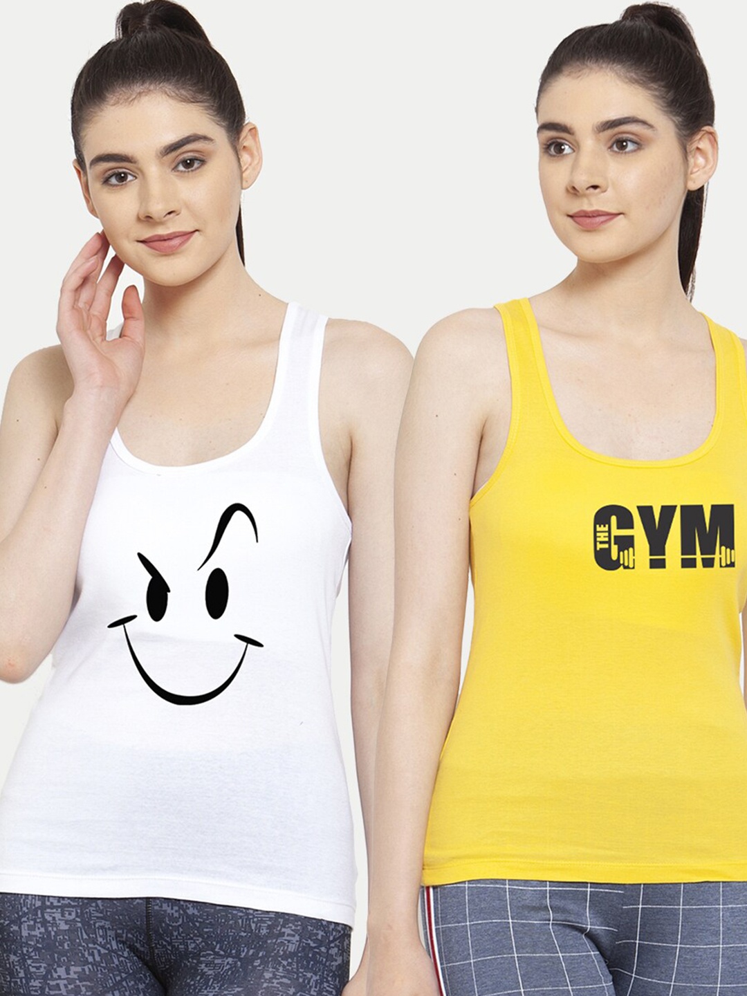 

Friskers Pack Of 2 White & Yellow Print Tank Top