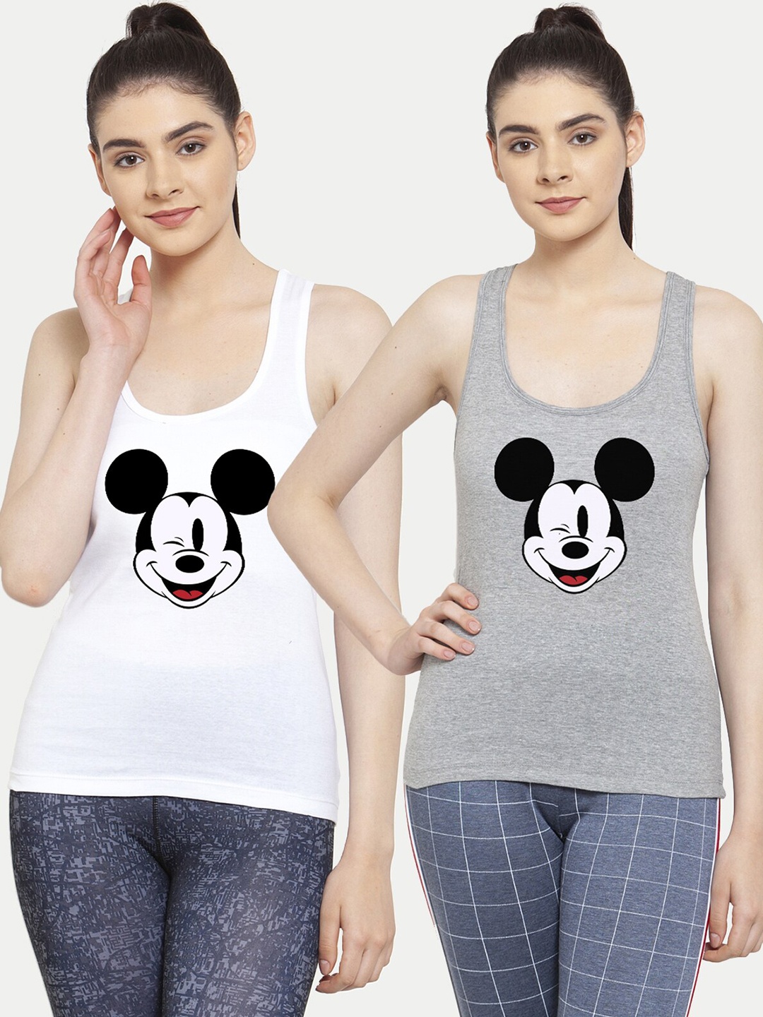 

Friskers Women Pack of 2 White & Grey Mickey Mouse Printed Tank Tops
