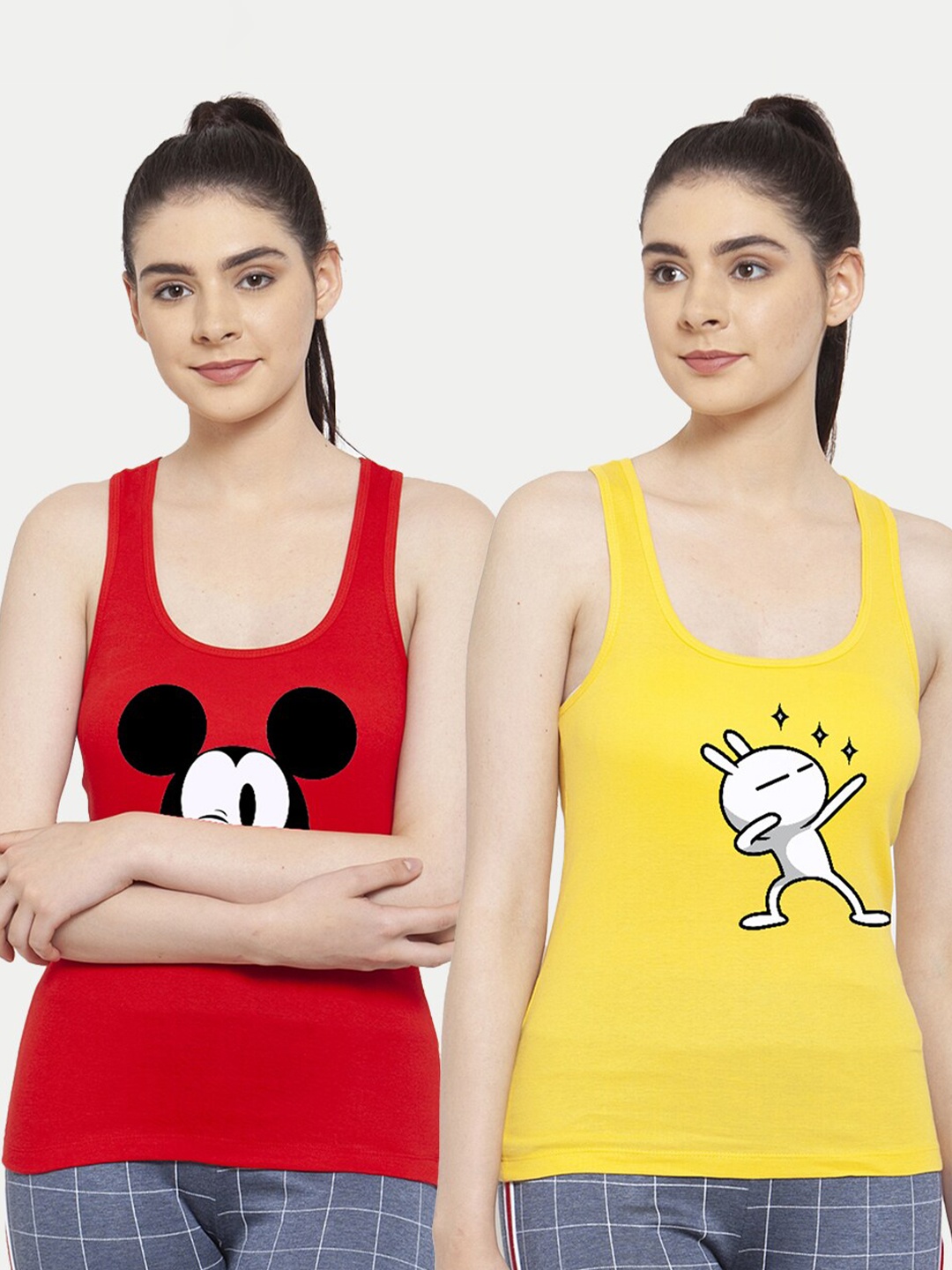 

Friskers Women Pack of 2 Red & Yellow Mickey Mouse Printed Tank Tops