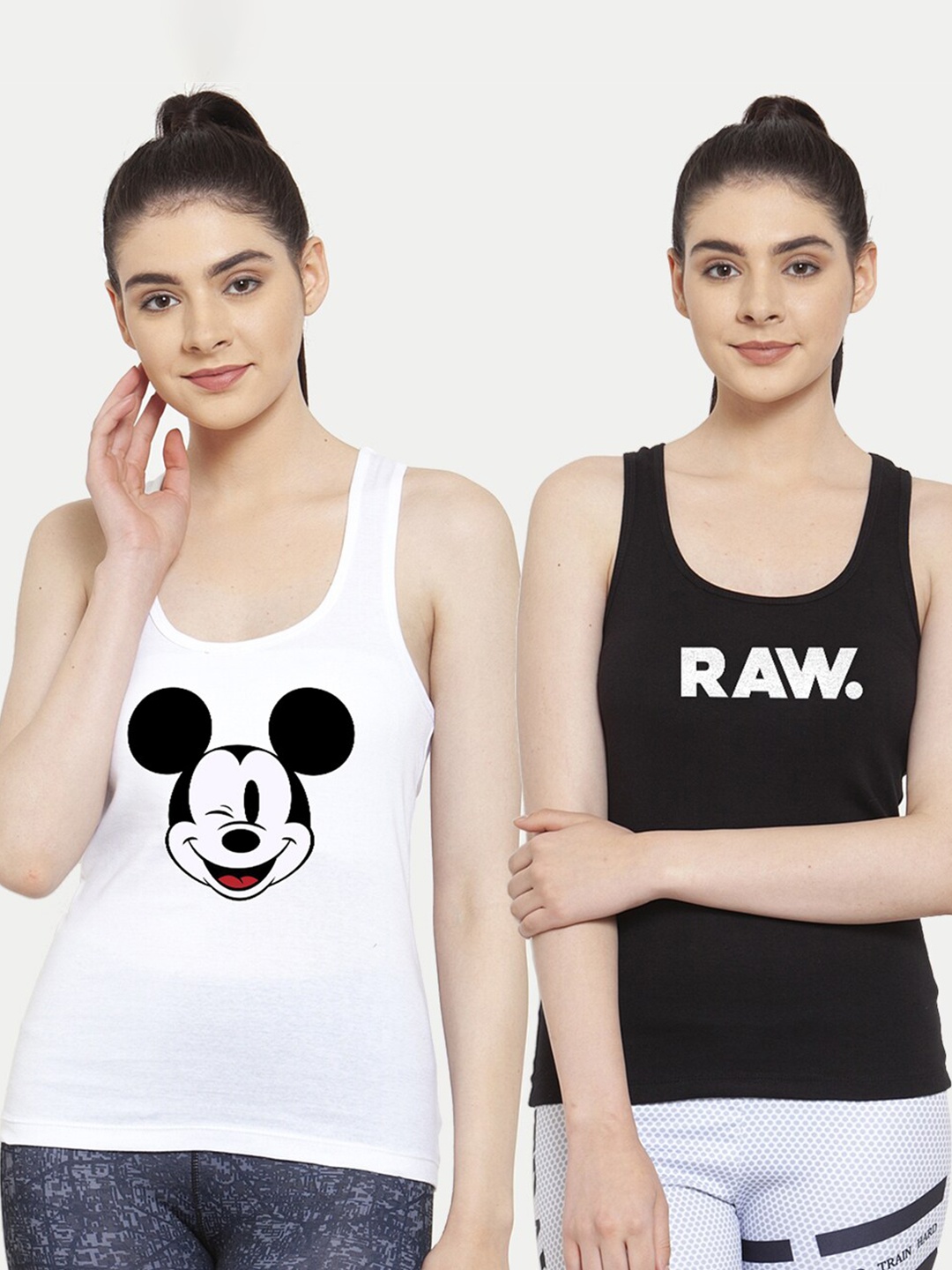 

Friskers Women Pack Of 2 White & Black Mickey Mouse RAW Printed Tank Top