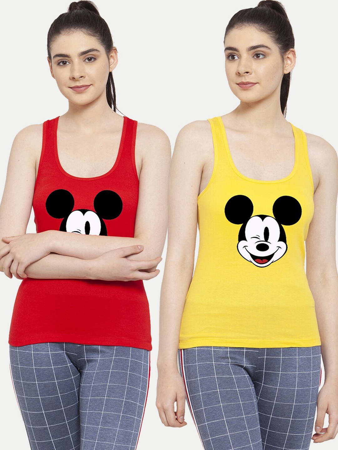 

Friskers Women Pack Of 2 Red & yellow Mickey Mouse Printed Tank Tops