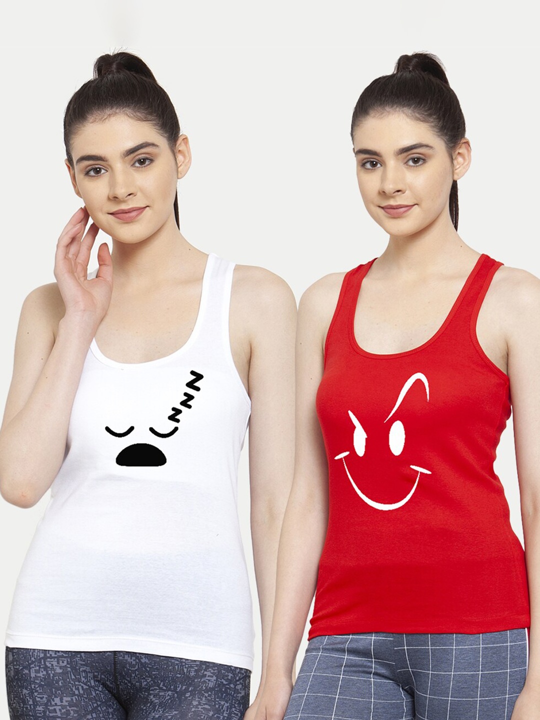 

Friskers Pack Of 2 White & Red Print Tank Top