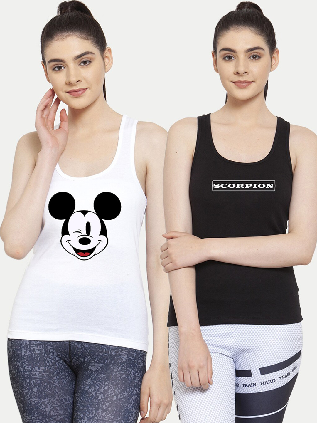 

Friskers Women Pack Of 2 White & Black Mickey Mouse Print Cotton Tank Tops