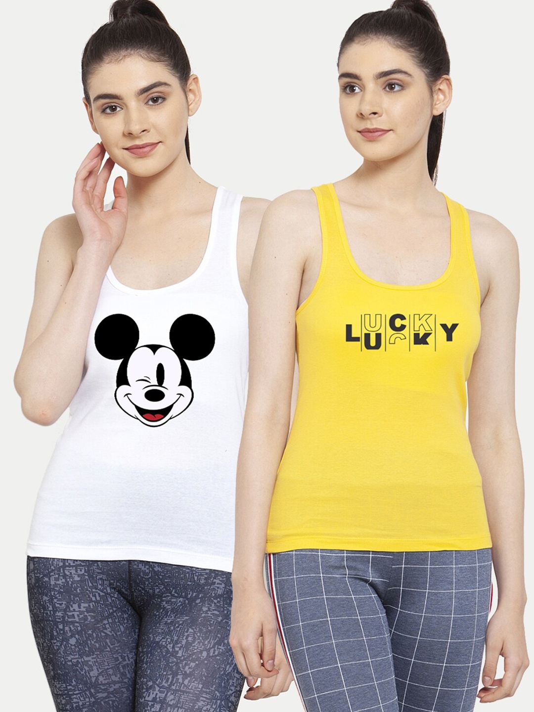 

Friskers Pack Of 2 White & Yellow Mickey Mouse Print Tank Top