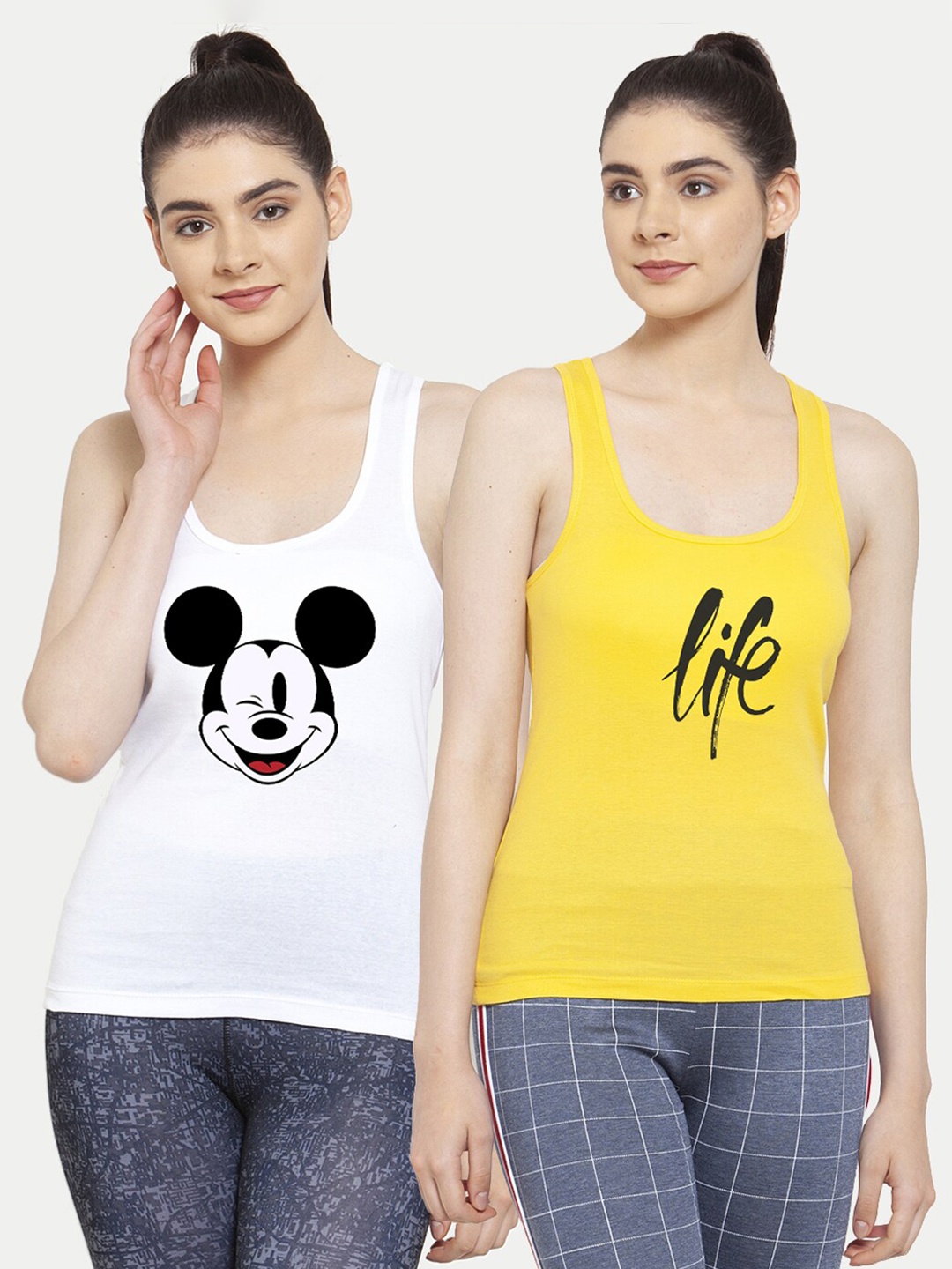 

Friskers Women Pack Of 2 White & Yellow Print Cotton Tank Tops