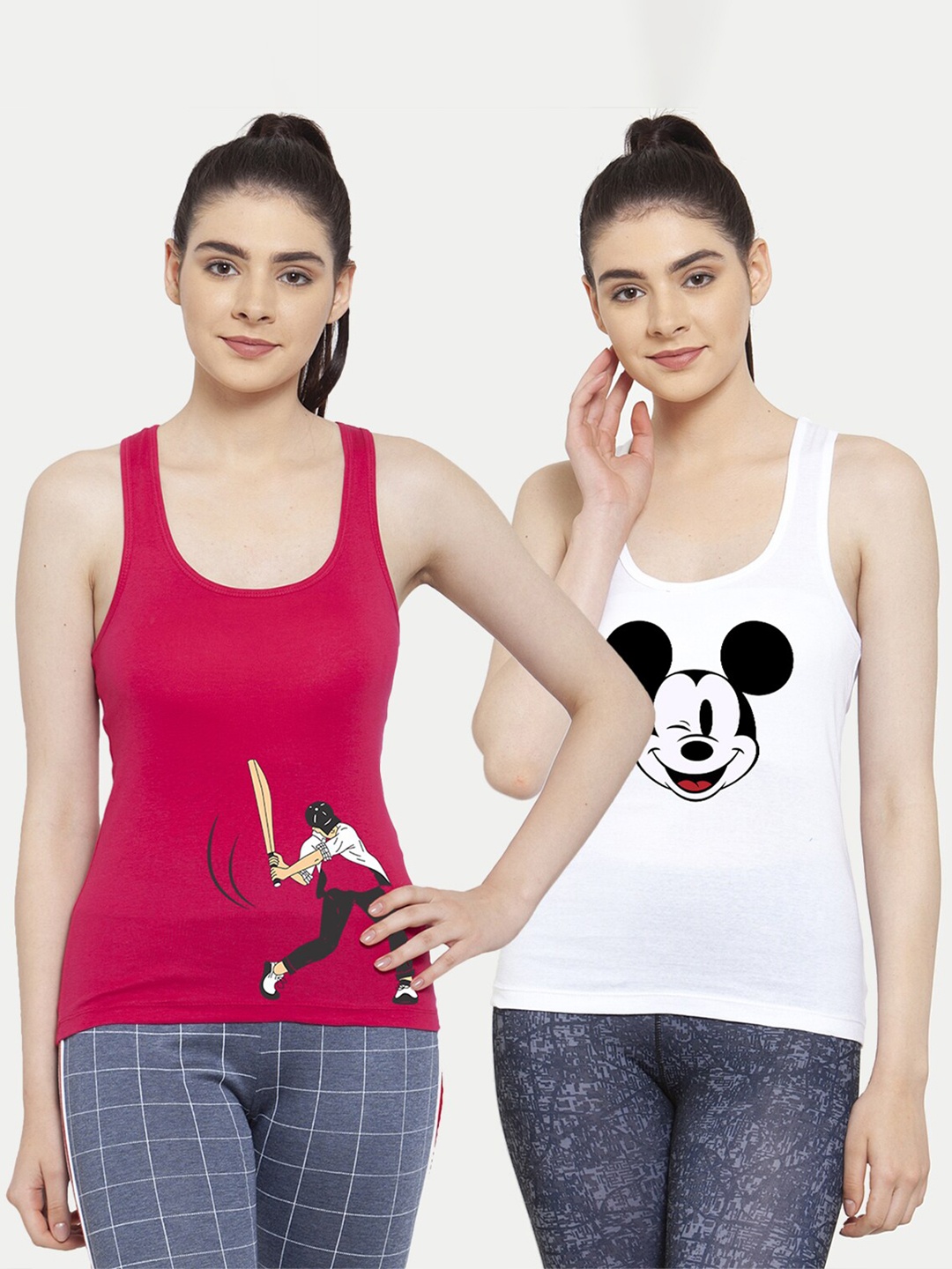 

Friskers Pack Of 2 White & Pink Mickey Mouse Print Tank Top
