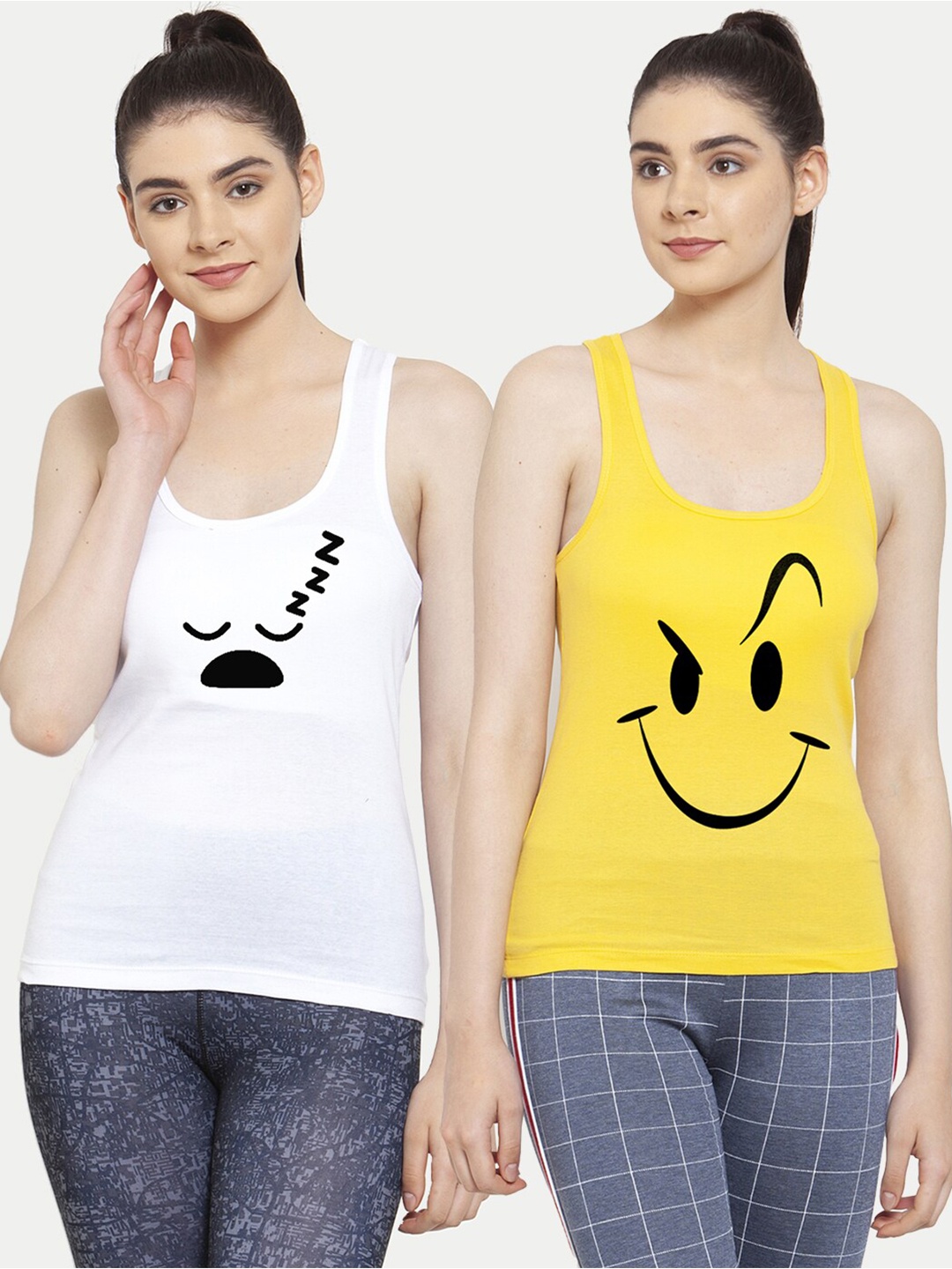 

Friskers Pack Of 2 White & Yellow Print Tank Top