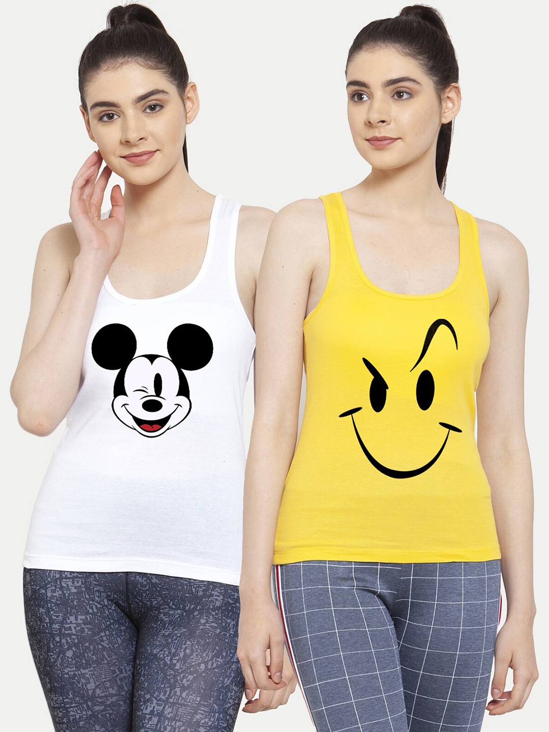 

Friskers Women Pack of 2 White & Yellow Mickey Mouse Printed Tank Tops