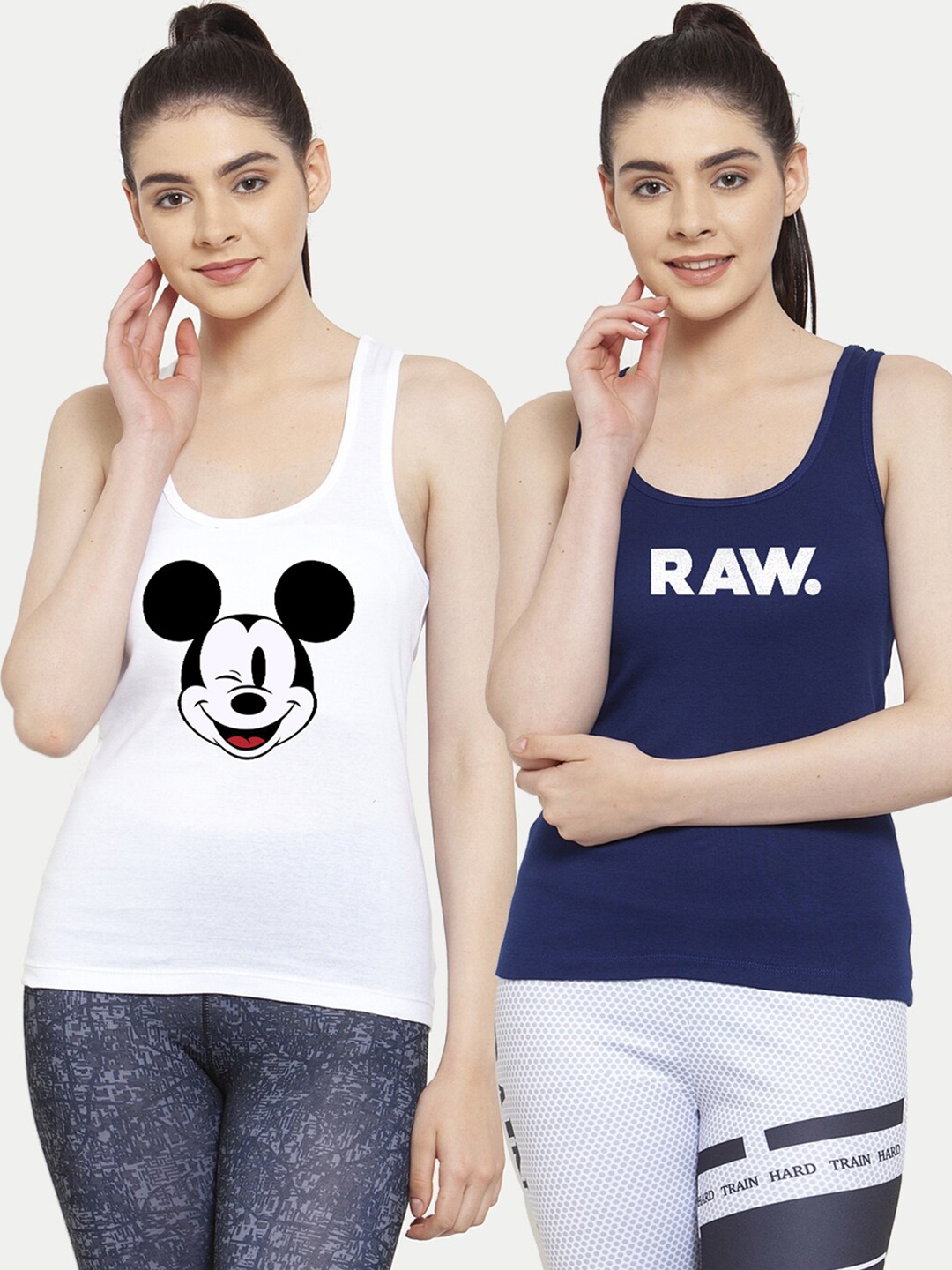 

Friskers Women Pack Of 2 White & Navy Blue Mickey mouse RAW Tank tops