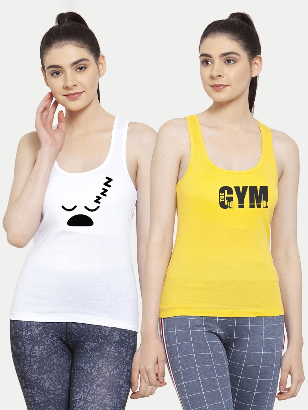 

Friskers Women Pack of 2 White & Yellow Printed Tank Tops