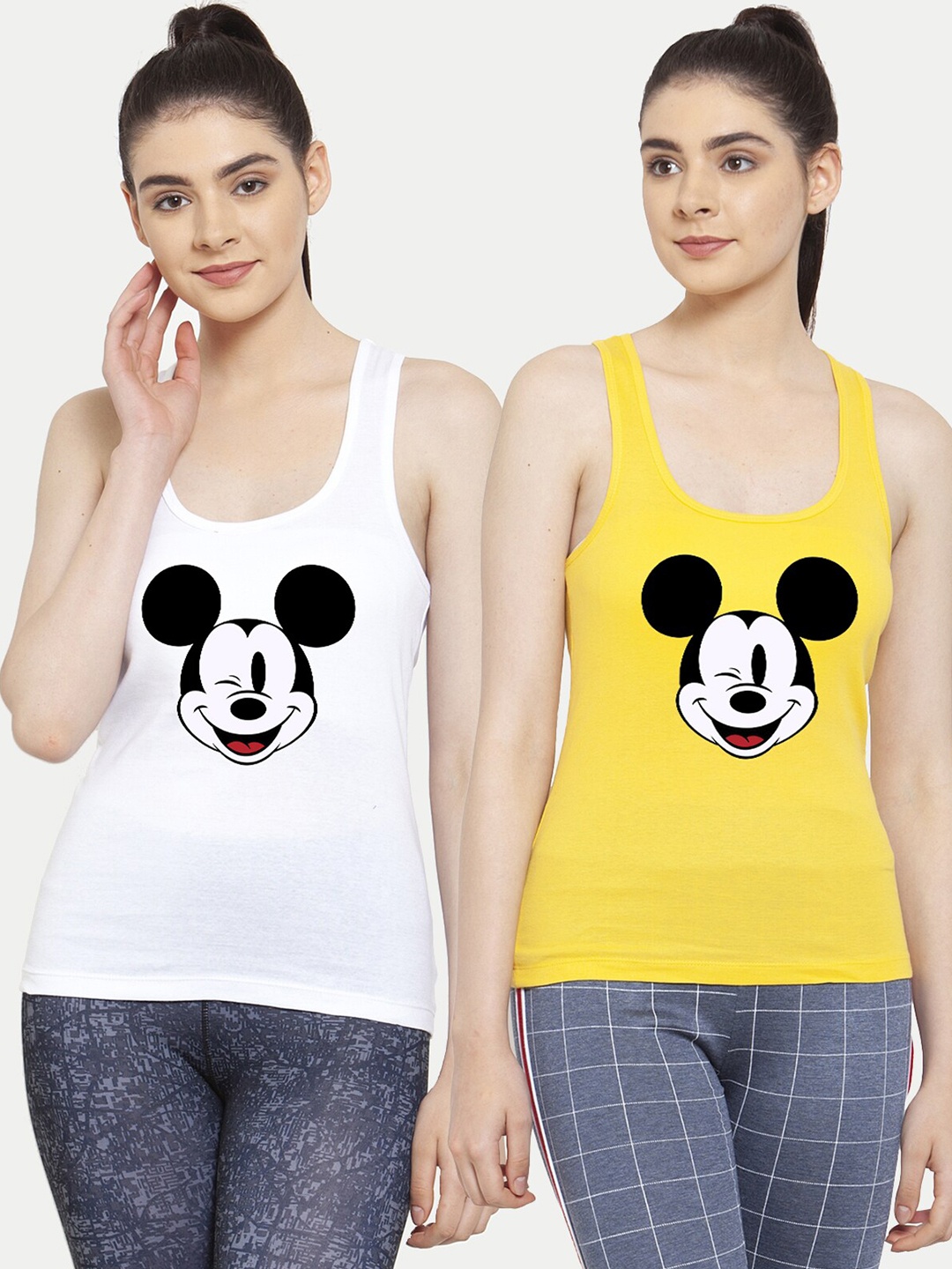 

Friskers Women Pack Of 2 White & Yellow Mickey Mouse Print Cotton Tank Tops